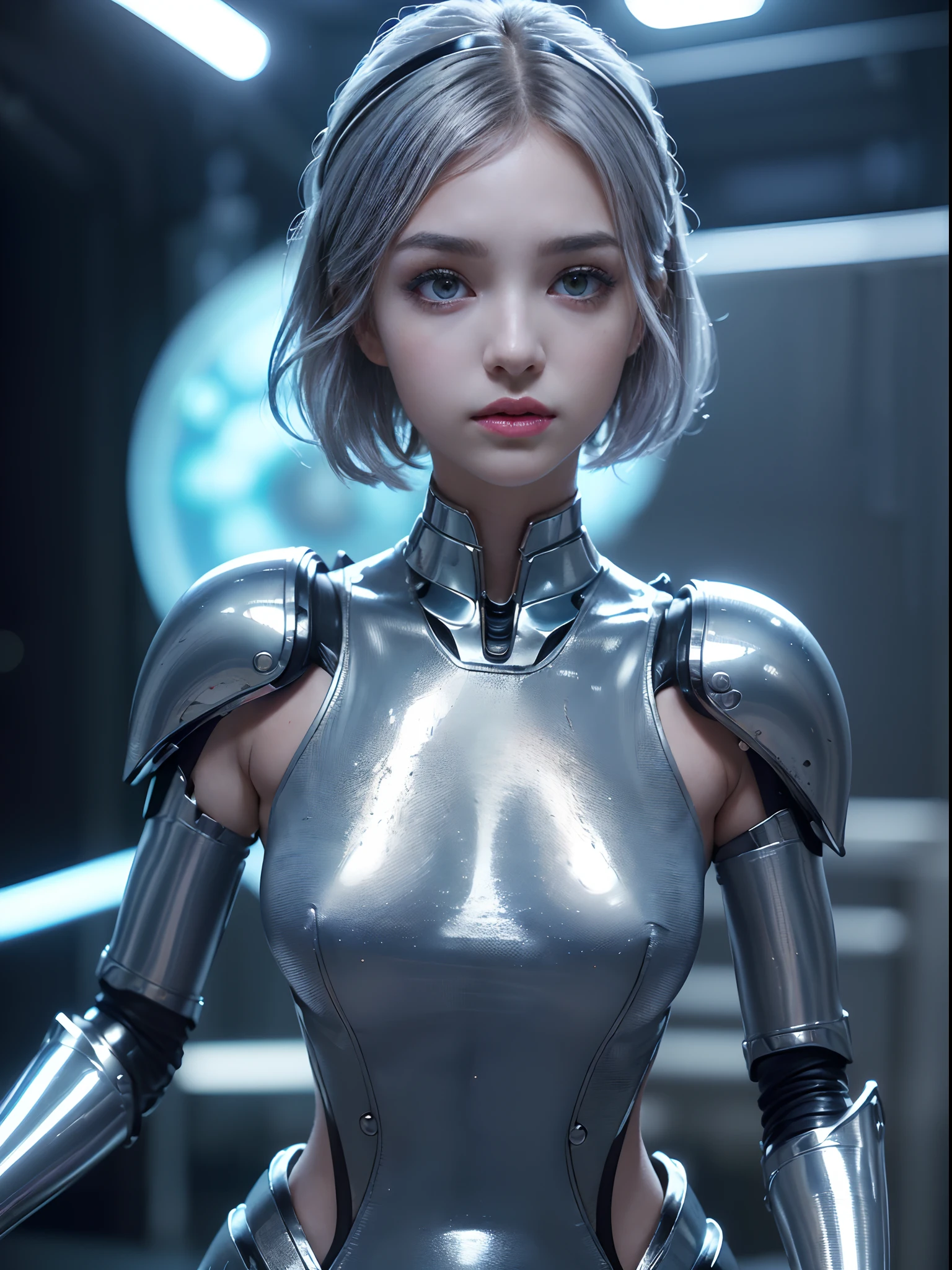 the best ever、8K,(((full body Esbian)))、(((The sheen)))、(((metalic)))、(((Very shiny、Very hard polished iron armor)))、(((cyberpunked)))、The cute beauty of the mecha(Best Quality, Detailed details, masutepiece, , 8K, Chiaroscuro,Great in good shape、Bust photos are ultra-realistic and realistic, Highly detailed Hasselblad RAW shooting )、(((Beautiful and shining natural eyes)))、(((Human skin type)))、(((Highly photorealistic human beings)))、(perfectly round eyes)、(((The details of the iris of the pupil are very amazing)))、(((Shining eyes)))、accurate fingers、Limbs without breakdowns、(((The face of a Caucasian 10-year-old girl)))、(((Very fair skin)))、Naturally closed mouth、Staring eyes、Natural body、(((a baby face)))、(((Caucasian cool high nose at the base)))、(((Skin types of humane Russian girls)))、(((Very cute female face)))、Feminine body、a small face、(((soft cheeks)))、Looking at the camera、Balanced face、(((drooing eyes)))、(((Beautiful drooping eyes)))、Body with human-like proportions、(((Slightly longer arms)))、(((Slightly longer arms)))、(((long neck)))、Normal shoulder width、((Long below the knee))、(rather long torso)、(((slightly larger hands)))、human face、(((Glowing blue-violet light blue silver hair)))、(((Cool and cute short-cut hair)))、(((The background is the future)))、(((8 Head Body)))、(((Luminescent light purple eyes)))、(((Thin thin silver eyebrows)))、(((Thin eyebrows)))、(((Looking at this)))、(((Gentle face)))、((Background Mecha))、bladerunner、((RoboCop))、Ghost in the Shell、tron、(((Space Detective Gavan)))、Swat、police officers、(((Night background)))、(((No makeup)))、(((Hollywood Science Fiction Movie Lighting))、(((5000 AD)))、Height 164cm、Leg length 82cm、the length of the head is 20 cm、Lungxin,Very subtlyXan legs、(((Cool pose)))、evangerion、Ayanami、(((murky)))、(((Combat readiness)))、Attack Pose、cyborgs、Artificial human、(((Extremely elaborate joints)))、(((Light blue silver eyelashes)))、(((very thin eyebrows)))、(((very brightly colored eyebrows)))、Precise and precise five