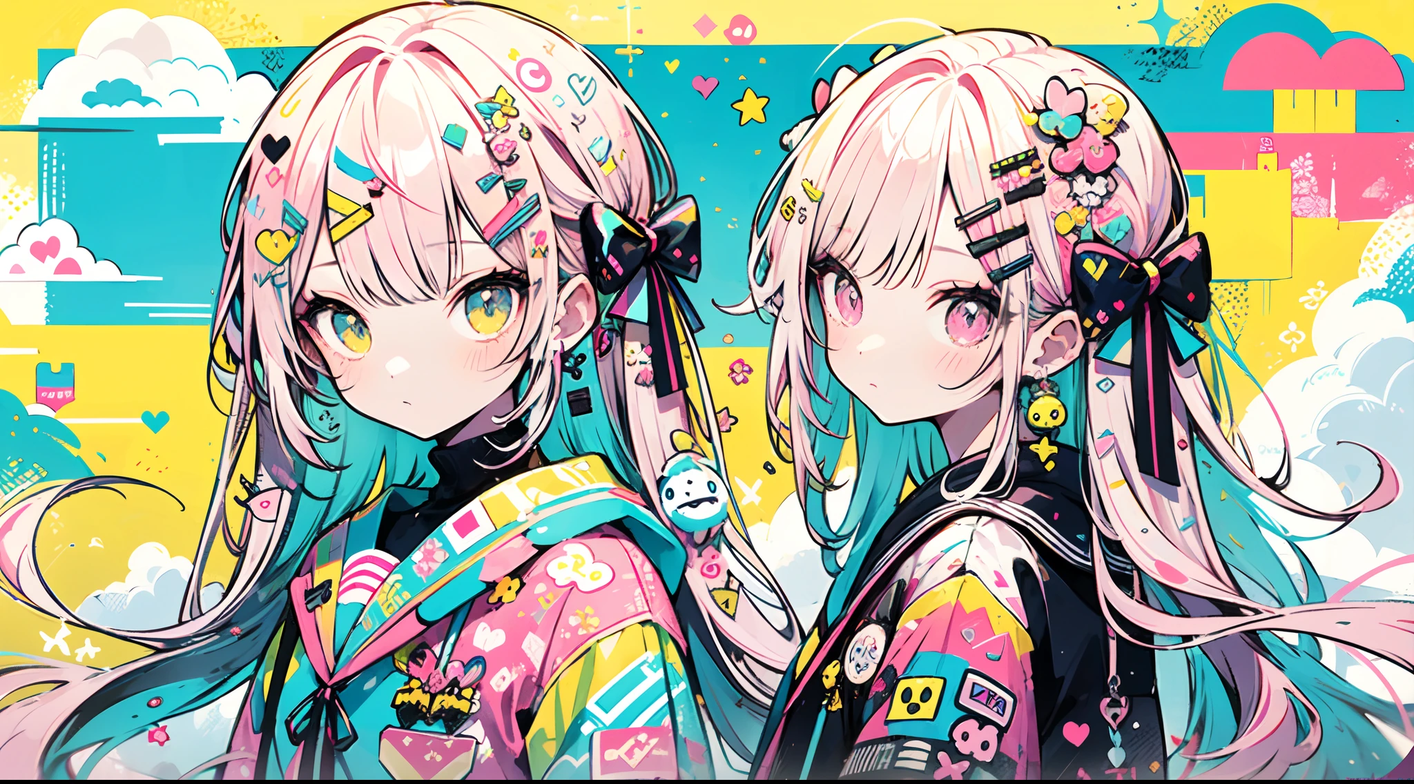 "kawaii, Cute, Adorable girl in pink, yellow, and baby red color scheme. She wears sky-themed clothing with clouds and sky motifs. Her outfit is fluffy and soft, With decora accessories like hair clips. She embodies a vibrant and trendy Harajuku fashion style."