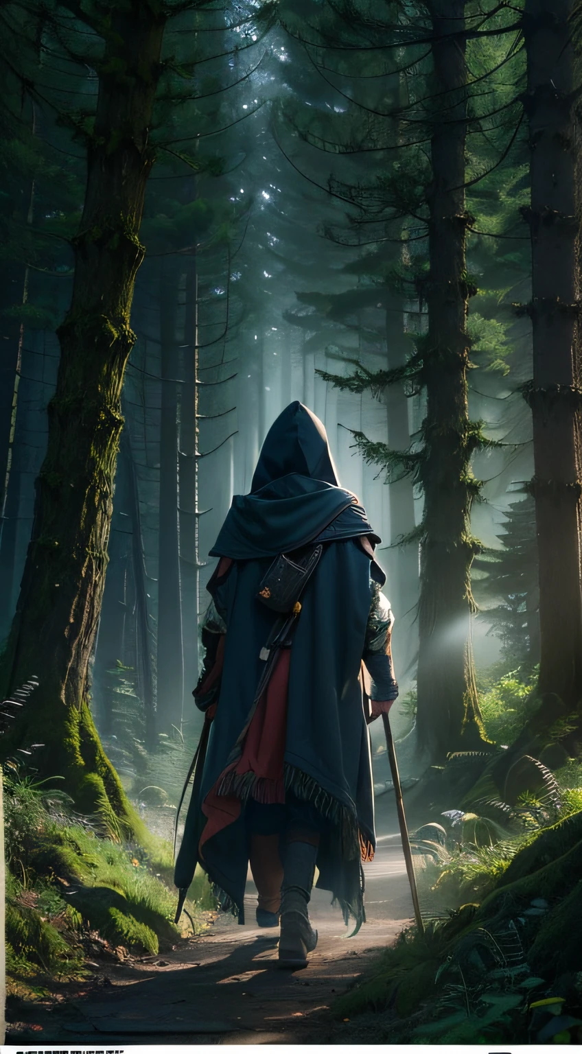 "1 mysterious traveler, (enhanced quality: 1.4), (top-quality true texture attire), weathered cloak, hooded figure, glowing staff, ancient runes, misty forest, moonlit path, (perfect forest ambiance: 1.1), ethereal glow, enchanted atmosphere, hyper photorealism, cinematic lighting, hidden secrets, 16k resolution, wander through, discover magic, seek answers, embrace the unknown."