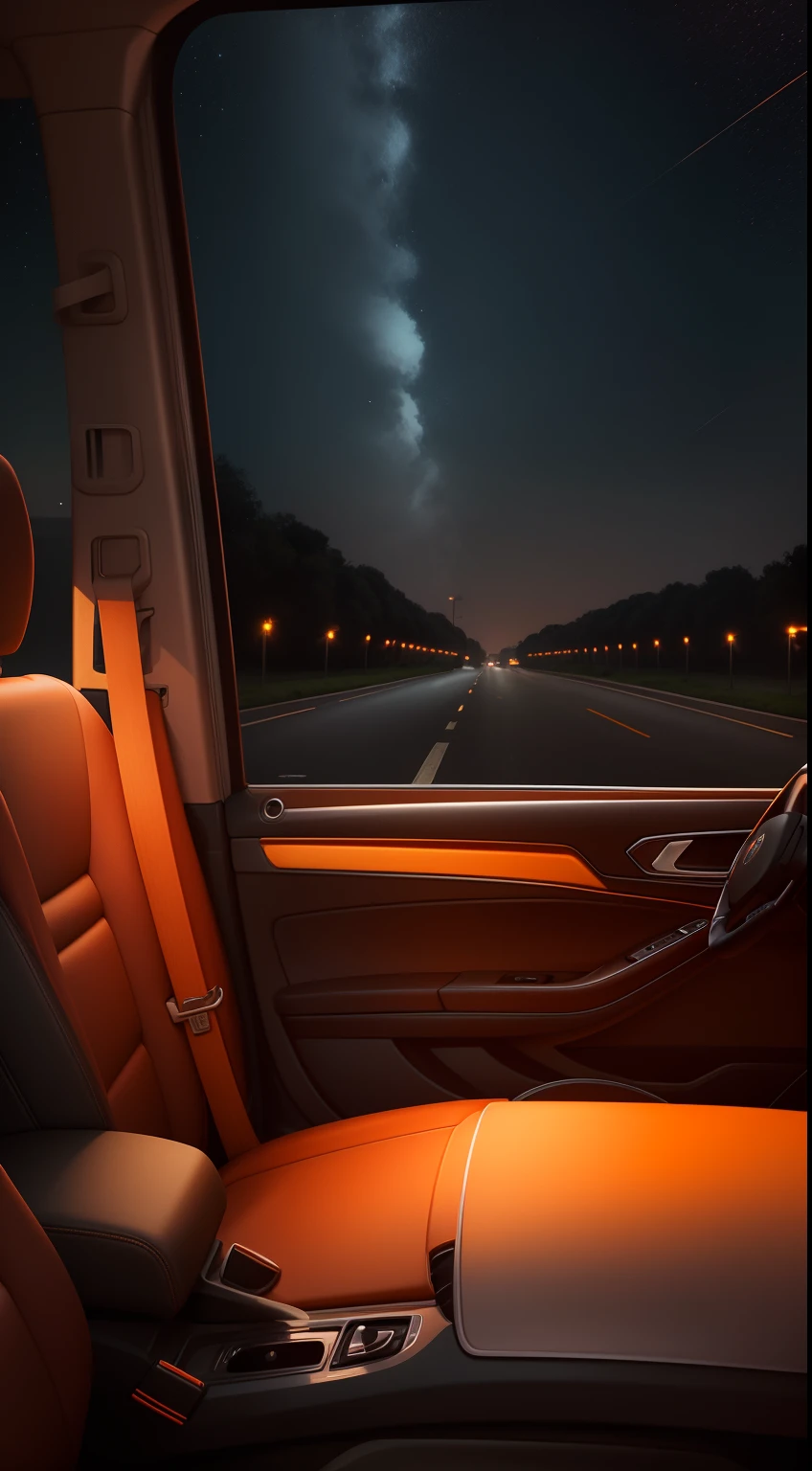 Inside the car,Go ahead on the highway,deep in the night,Orange street lights on both sides