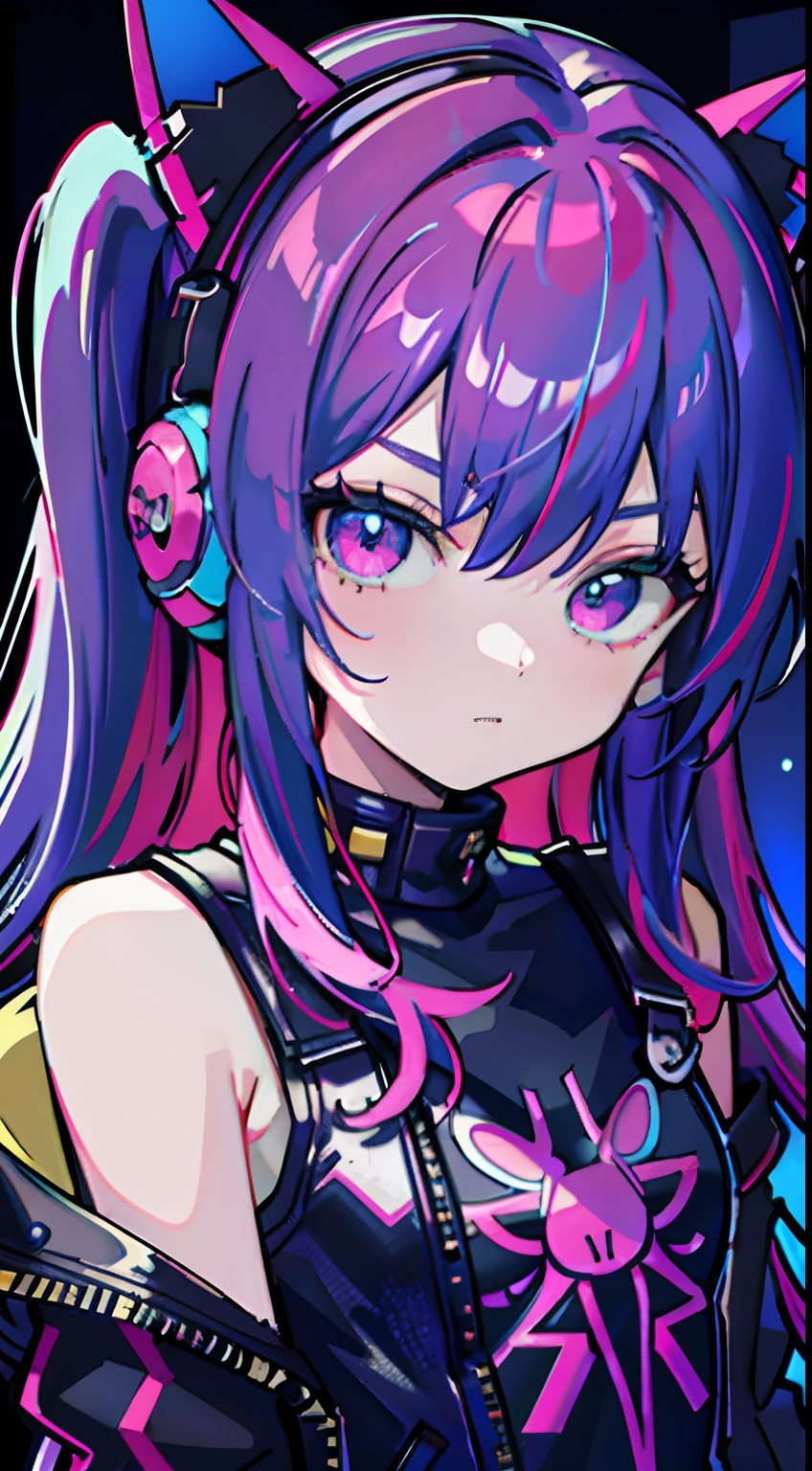 Masterpiece, best quality, colorful, a teenager with colorful pigtails wearing a detailed leather jacket and anime tee-shirt touching a translucent panel, in a dark void filled with small intense light particles, jacket off a shoulder, floating screens in front, dramatic viewing angle, dynamic pose, (face focus close up:1.2), detailed headphones earings cat with neon ears, contrast, colorful hair, colors combination, bright, red hair, blue hair
All in view
Depth of field, high resolution, extreme intricate details, dramatic shadows, global illumination