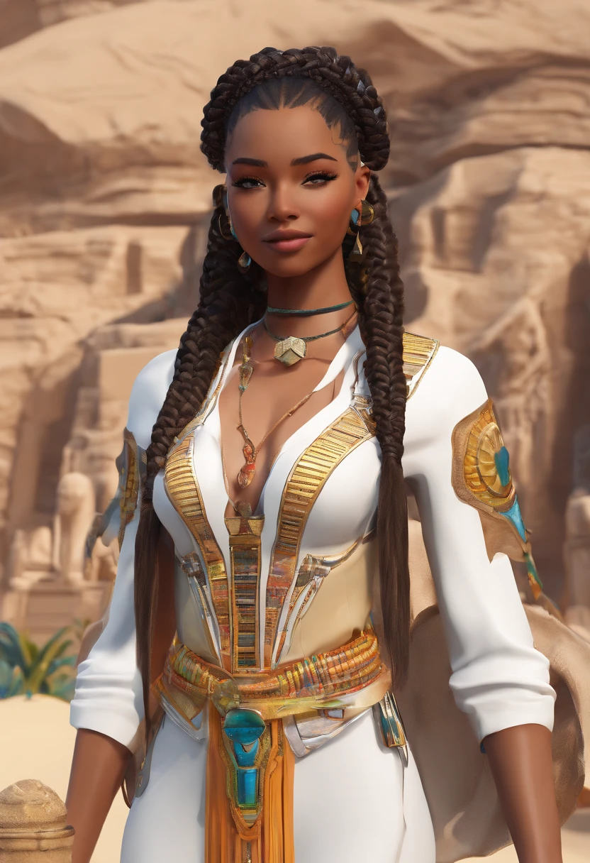 (melhor qualidade), estilo anime, mulher negra, ((pele muito nega)), Linda, anatomia perfeita, corpo perfeito,(com cabelos brancos), cabelos muito volumosos, (((with Egyptian braids))), vestindo uma roupa curta, Swimsuit with black and white details, ((missangas douradas)), fundo do deserto com muita areia, fazendo vento,