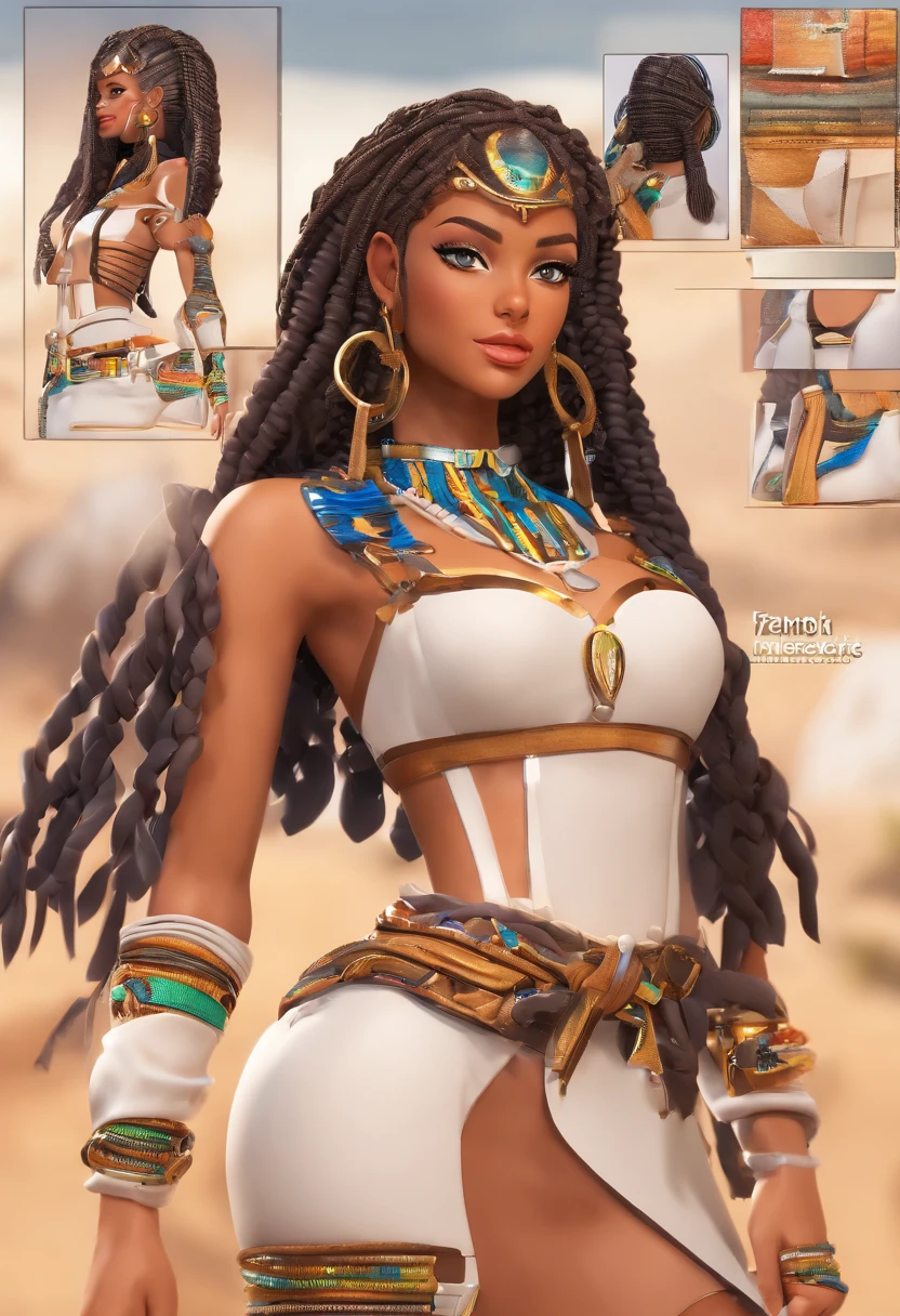 (melhor qualidade), estilo anime, mulher negra, ((pele muito nega)), Linda, anatomia perfeita, corpo perfeito,(com cabelos brancos), cabelos muito volumosos, (((with Egyptian braids))), vestindo uma roupa curta, Swimsuit with black and white details, ((missangas douradas)), fundo do deserto com muita areia, fazendo vento,