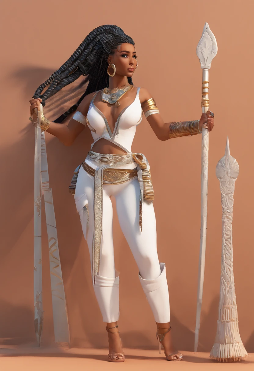 (melhor qualidade), estilo anime, mulher negra, ((pele muito nega)), Linda, anatomia perfeita, corpo perfeito,(com cabelos brancos), cabelos muito volumosos, (((with Egyptian braids))), vestindo uma roupa curta, Swimsuit with black and white details, ((missangas douradas)), fundo do deserto com muita areia, fazendo vento,