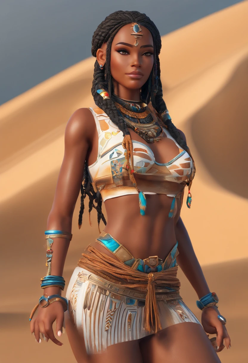 (melhor qualidade), estilo anime, mulher negra, ((pele muito nega)), Linda, anatomia perfeita, corpo perfeito,(com cabelos brancos), cabelos muito volumosos, (((with Egyptian braids))), vestindo uma roupa curta, Swimsuit with black and white details, ((missangas douradas)), fundo do deserto com muita areia, fazendo vento,