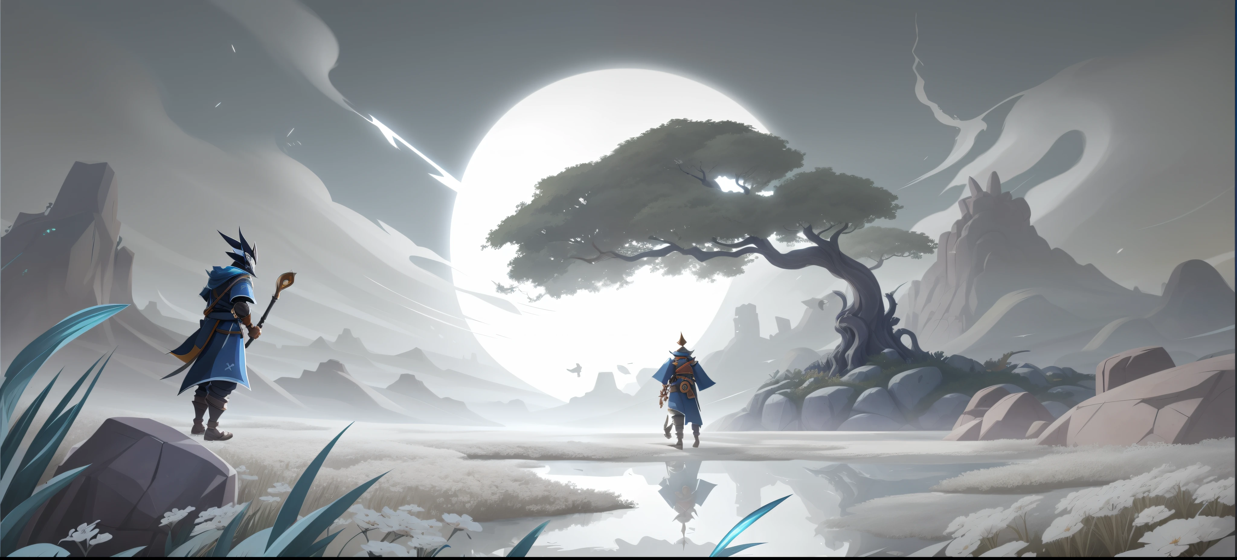An image of a man standing in a sea of flowers with a tree in Araved, concept art for a video game, Stylized concept art, inspired by Sōami, scenery game concept art, painted as a game concept art, Onmyoji detailed art, splash screen art, game background, background artwork, published concept art, Mobile game background, Stylized game art