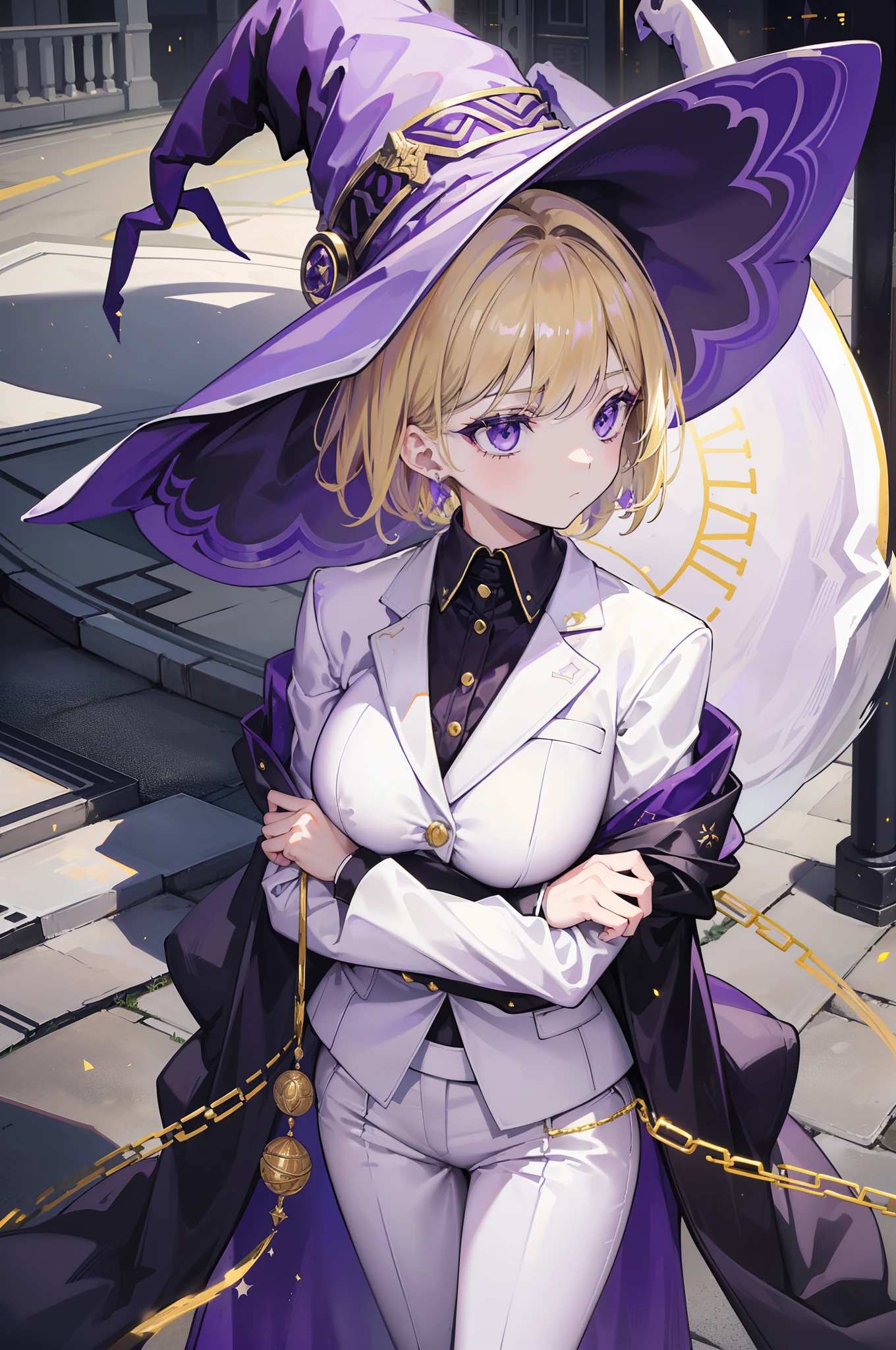 (1giri),cool girl,golden hair,(short hair),black eyes,((mother)),Older women,(((((white business suit))))),serious,(((Purple hat))),((((Witch hat)))),((black long pants))