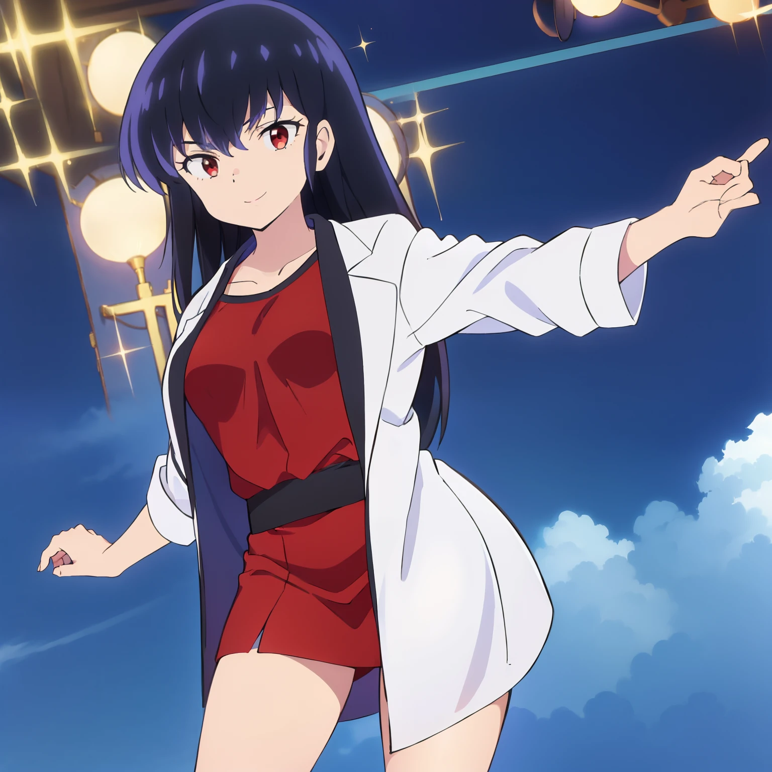 ((masterpiece)), 1 woman, long black hair, brown eyes, light skin, smiles, (Medium bust: 1.3), (narrow hips), thighs, blue T-shirt , short red mini skirt, white coat (doctor), front view