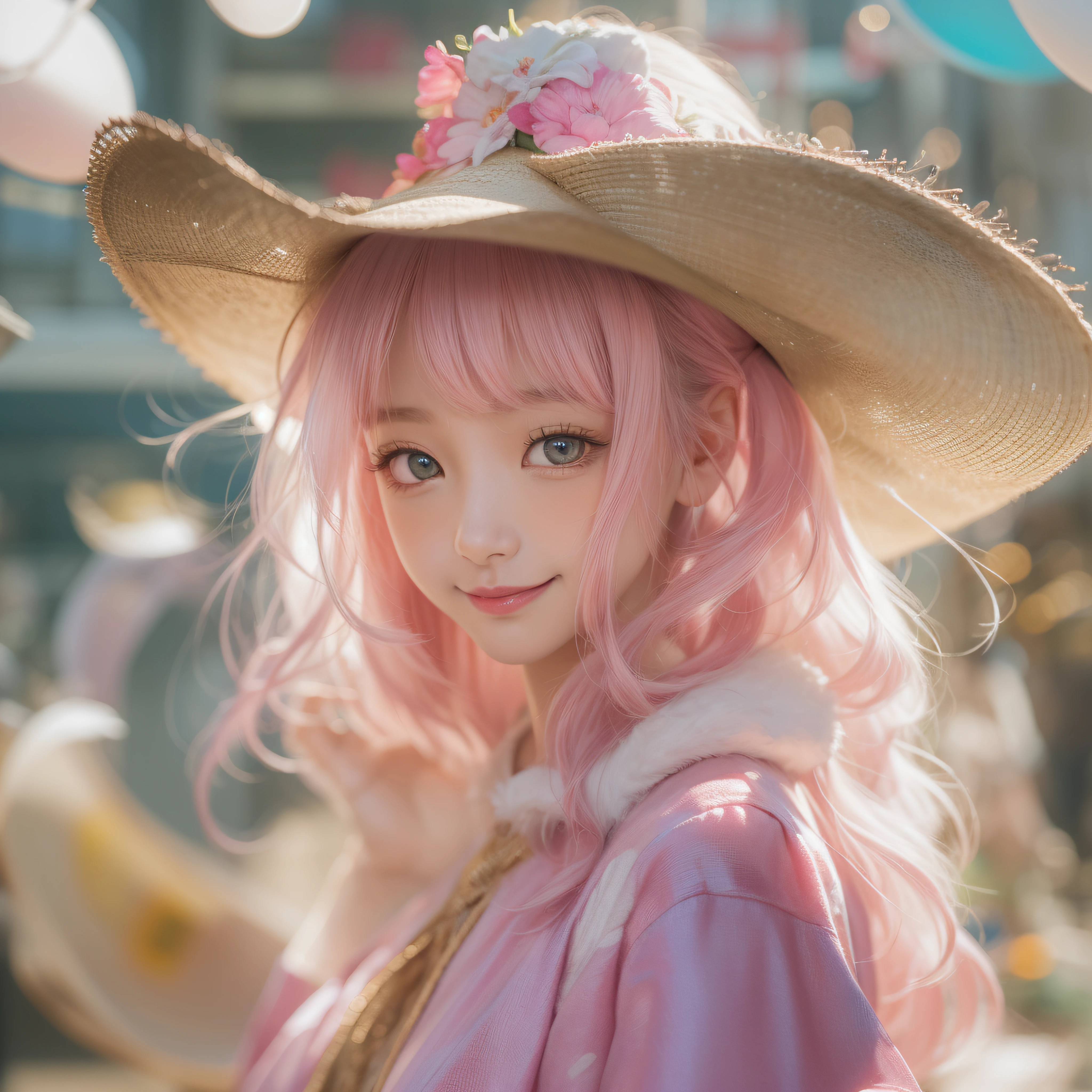 Close up of a smile with the corners of the mouth raised、Hat Costume、Cosplay、(realisitic、hight resolution)、(1 girl in)、Do-Up Eye、Korean Girl、(Best Quality), (masutepiece), (1girl in), Solo, a beauty girl, Perfect face, dreamlikeart、Highly detailed airbrush art((Surreal))、Volumetric lighting、(top-quality)、The ultra-detailliert、(The composition of the movement:1.4)、Highly detailed colorful details、(Bright lighting)、dynamic compositions、Ray traching、The mirror reflects light、Shallow depth of field、ultra-detailliert、mixing  exposure、nffsw、Her eyes are glowing pink、Staring at Pink。Her pink face is full of anticipation and courage、A smile appears on the lips。 At the rear、The sun is slowly tilting to the west。Its light brings light、Producing a beautiful scene that shakes。Her eyes are clearly glowing pink。Lots of pink