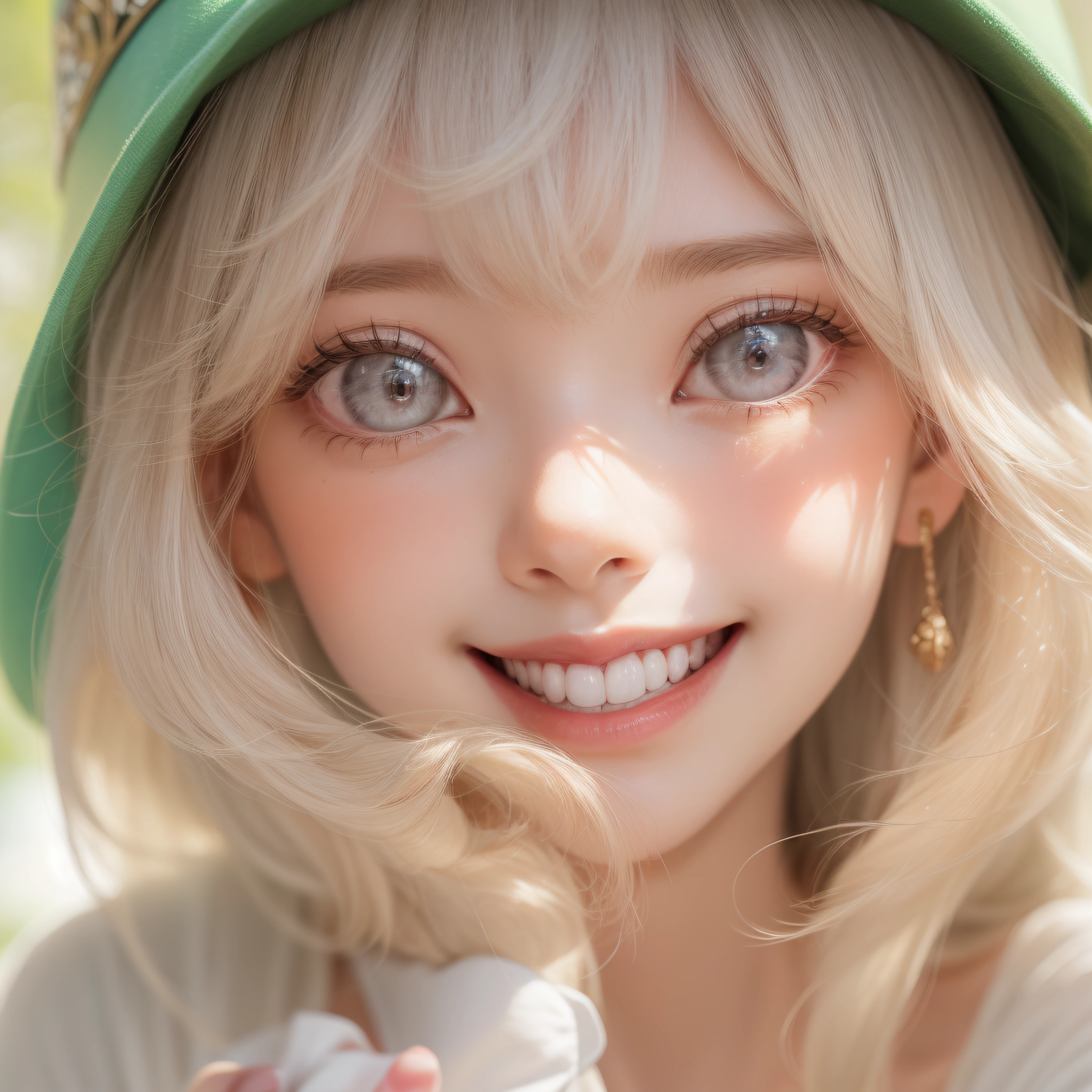 Close up of a smile with the corners of the mouth raised、Hat Costume、Cosplay、(realisitic、hight resolution)、(1 girl in)、Do-Up Eye、Korean Girl、(Best Quality), (masutepiece), (1girl in), Solo, a beauty girl, Perfect face, dreamlikeart、Highly detailed airbrush art((Surreal))、Volumetric lighting、(top-quality)、The ultra-detailliert、(The composition of the movement:1.4)、Highly detailed colorful details、(Bright lighting)、dynamic compositions、Ray traching、The mirror reflects light、Shallow depth of field、ultra-detailliert、mixing exposure、nffsw、Her eyes are glowing pink、Staring at Pink。Her pink face is full of anticipation and courage、A smile appears on the lips。 At the rear、The sun is slowly tilting to the west。Its light brings light、Producing a beautiful scene that shakes。Her eyes are clearly glowing pink。Lots of pink