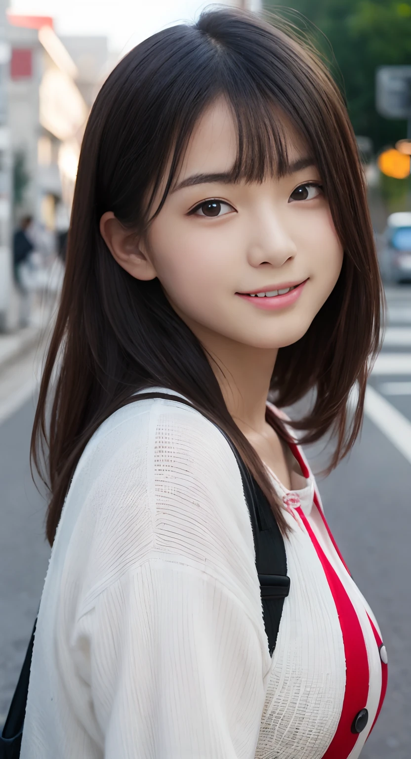 (top-quality、masterpiece:1.2)、Best Quality、realisitic、photoshot、hight resolution、1080p、8K、Textured skin、Physical Rendering、1 Japan Girls、a junior high school student、kawaii、Young Face、Rolled hair、(onepiece:1.treet、up of face、full of shyness、smil、Colossal tits