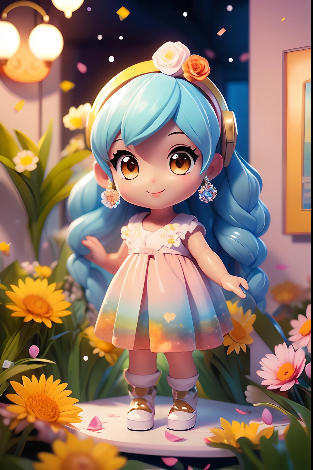 photoRealstic、Doll standing in front of the painting(nendroid)、A smile、Water droplets on the cheeks、In a cute pose、Sengai、pixiv、rokoko、dollfie dream、watercolor Nendoroid、(High Definition Figure)、Flowing iridescent silk、up of face、Eye Up、There are also flowers in front of the nendroids、flower petals、season!!: 夏天☀ 🍂