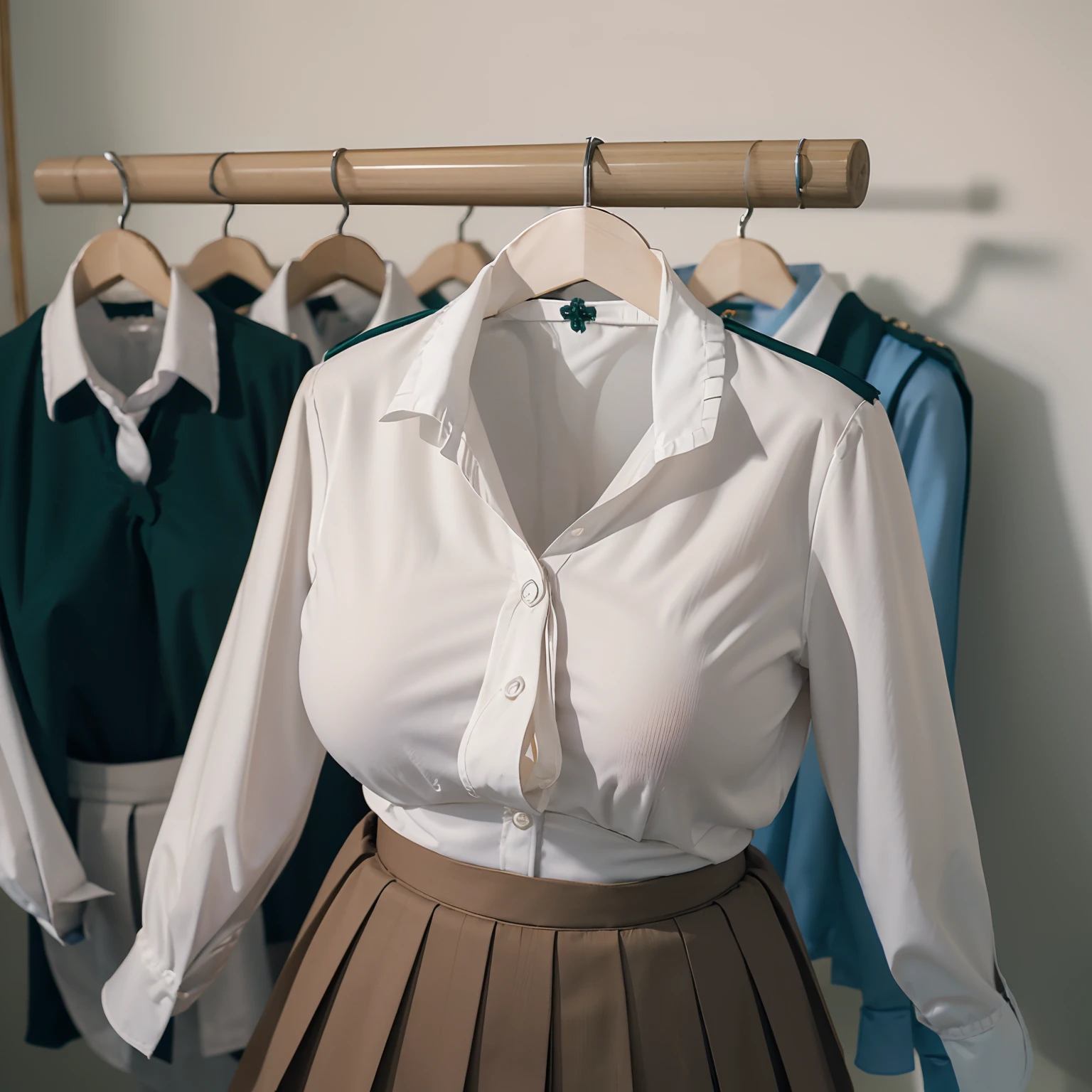 (girls' school blouse:1.7) , (school blouse on hanger swells as if worn by invisible girl:1.7),((invisible, no humans:1.7, headless:1.7, handless, legless)), (big breasts:1.9),(in closet),(arms up),
(8k, RAW photo, best quality, masterpiece:1.2), (realistic, photo-realistic:1.37),photon mapping, radiosity, ((Hasselblad photography)),physically-based rendering,