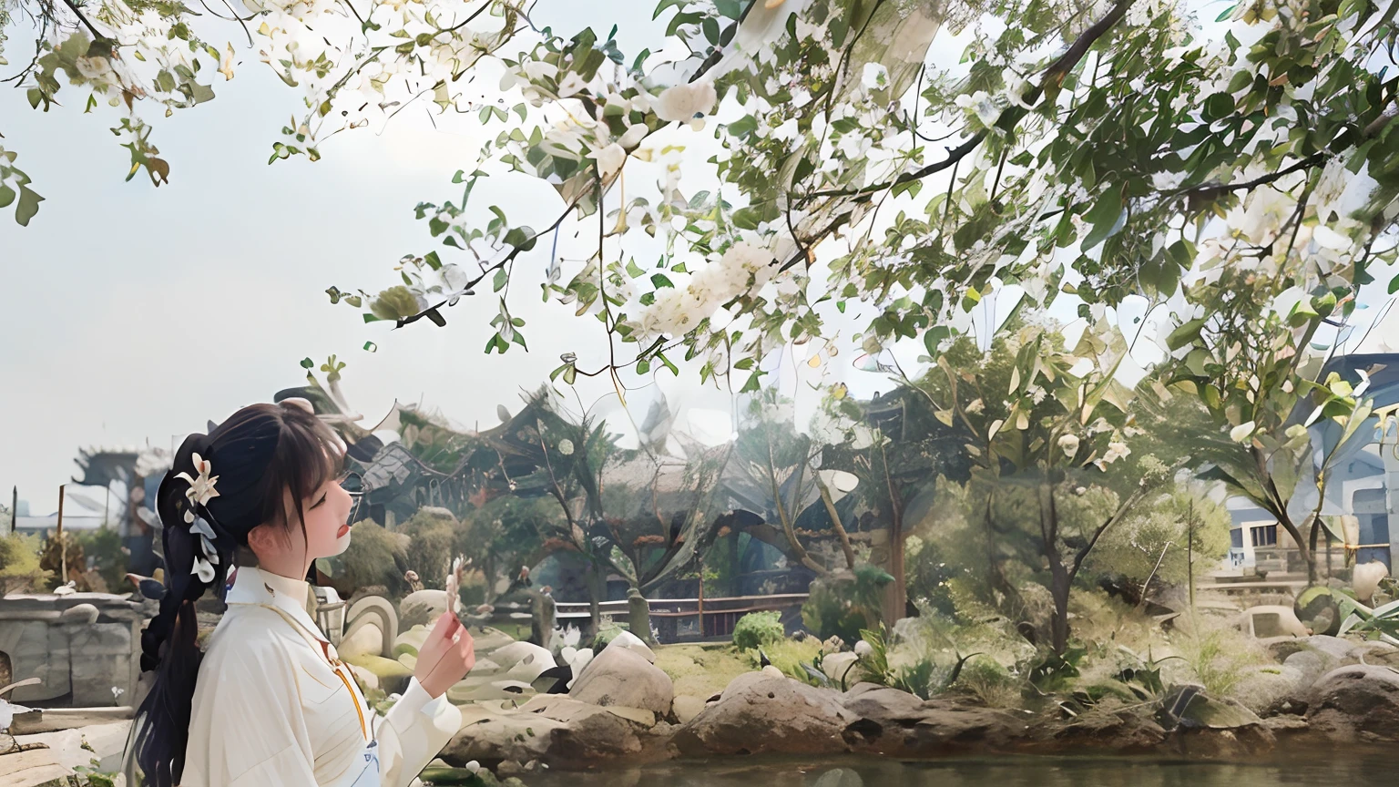 Kizi,High ponytail,whitesweater,Holding flowers sideways to the camera, in front of temple, Chinese architecture, Ancient Chinese architecture