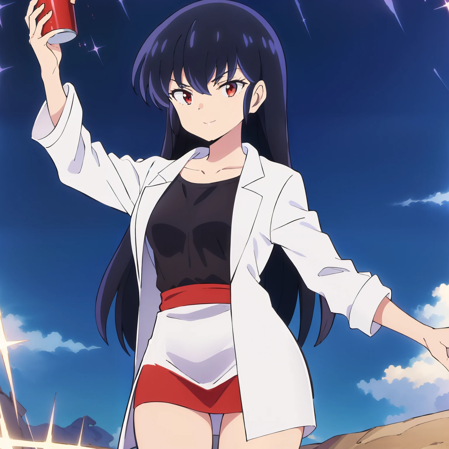 ((masterpiece)), 1 woman, long black hair, brown eyes, light skin, smiles, (Medium bust: 1.3), (narrow hips), thighs, blue T-shirt , short red mini skirt, white coat (doctor), front view