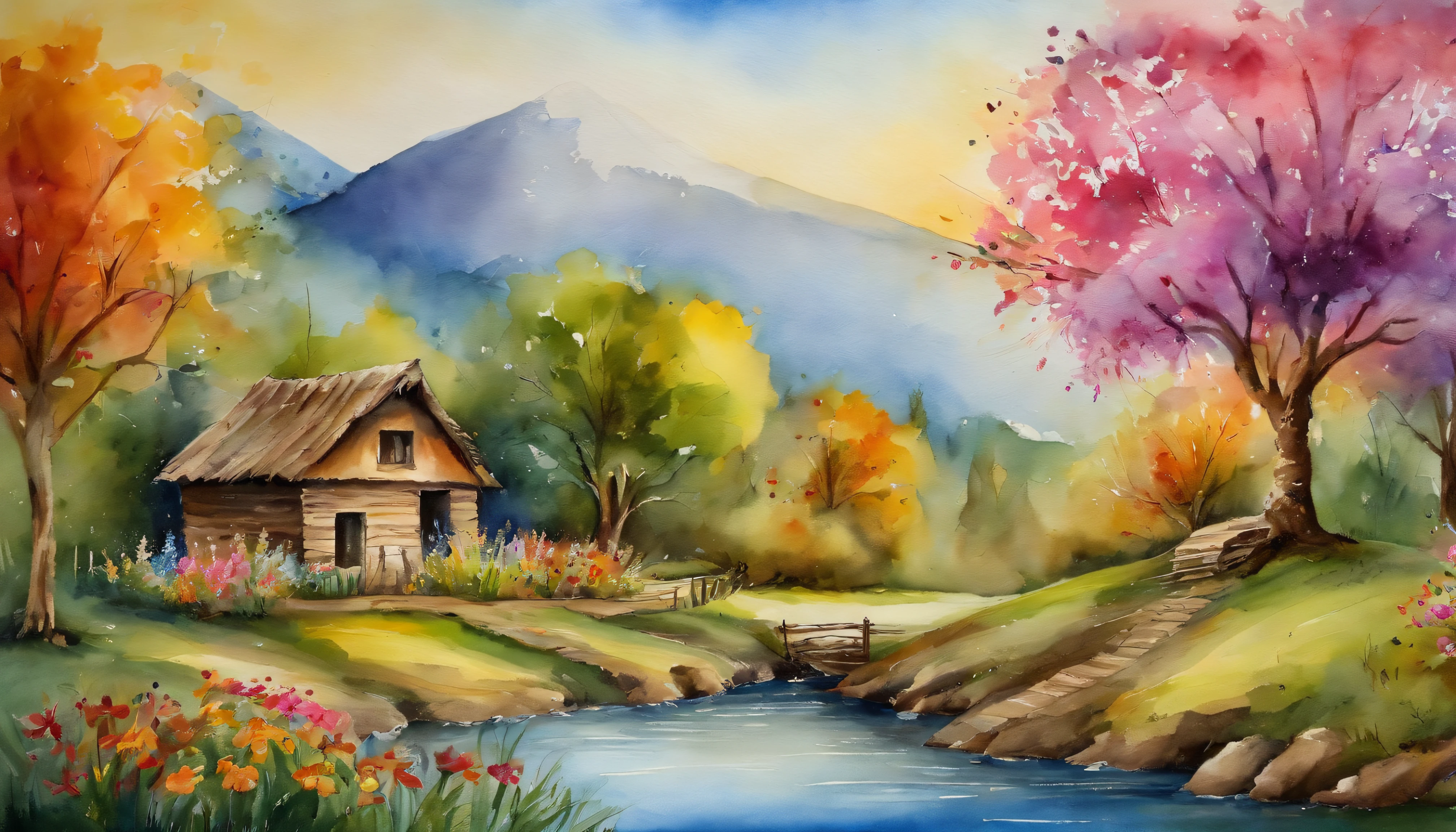 Painting of a house in a beautiful landscape with a stream - SeaArt AI