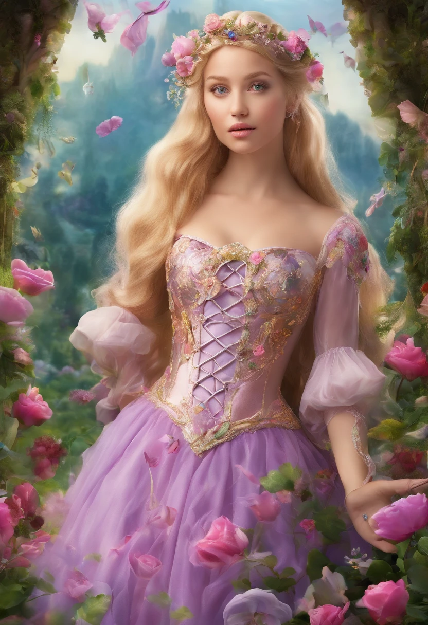 Rapunzel, ((best quality, 8K, Meisterwerk :1.3)), Scharfer Fokus :1.2, Körperkleid :1.1, Hochdetaillierte Gesichts- und Hautstruktur, topless, Garten, viele Details, detaillierter Hintergrund, mehr Details, photo, ultra realistisch