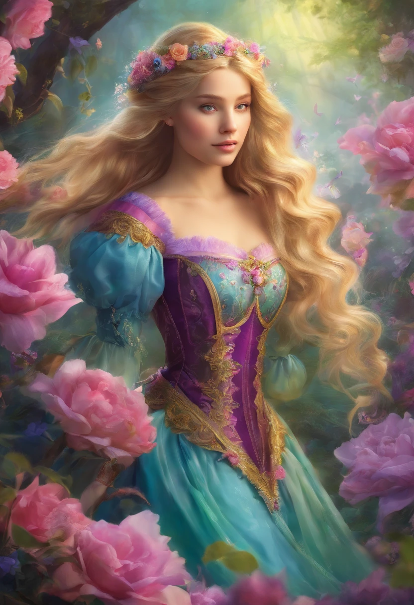 Rapunzel, ((best quality, 8K, Meisterwerk :1.3)), Scharfer Fokus :1.2, Körperkleid :1.1, Hochdetaillierte Gesichts- und Hautstruktur, topless, Garten, viele Details, detaillierter Hintergrund, mehr Details, photo, ultra realistisch
