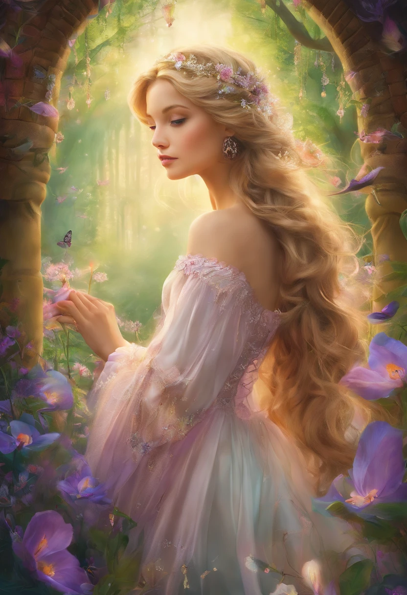 Rapunzel, ((best quality, 8K, Meisterwerk :1.3)), Scharfer Fokus :1.2, Körperkleid :1.1, Hochdetaillierte Gesichts- und Hautstruktur, topless, Garten, viele Details, detaillierter Hintergrund, mehr Details, photo, ultra realistisch