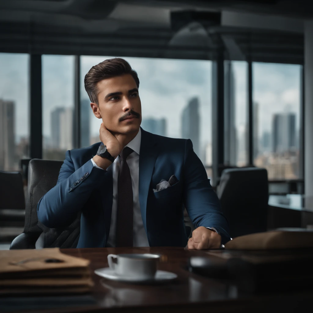 a handsome man sitting in the office, crew cut, business suit, Windows, Cityscape, corpo inteiro, macho maduro, melhor qualidade, 50mm f/2.8, fotografia e revista GQ, Trending on Flickr Masterpiece, extremely high-resolution, melhor qualidade,, Realistic, Realistic photo, foto do filme, ultra realistic,      1 pessoa, circunstanciado, perfect lighting, DSRL, foto profissional, 4k, blue lighting, triste, desanimado