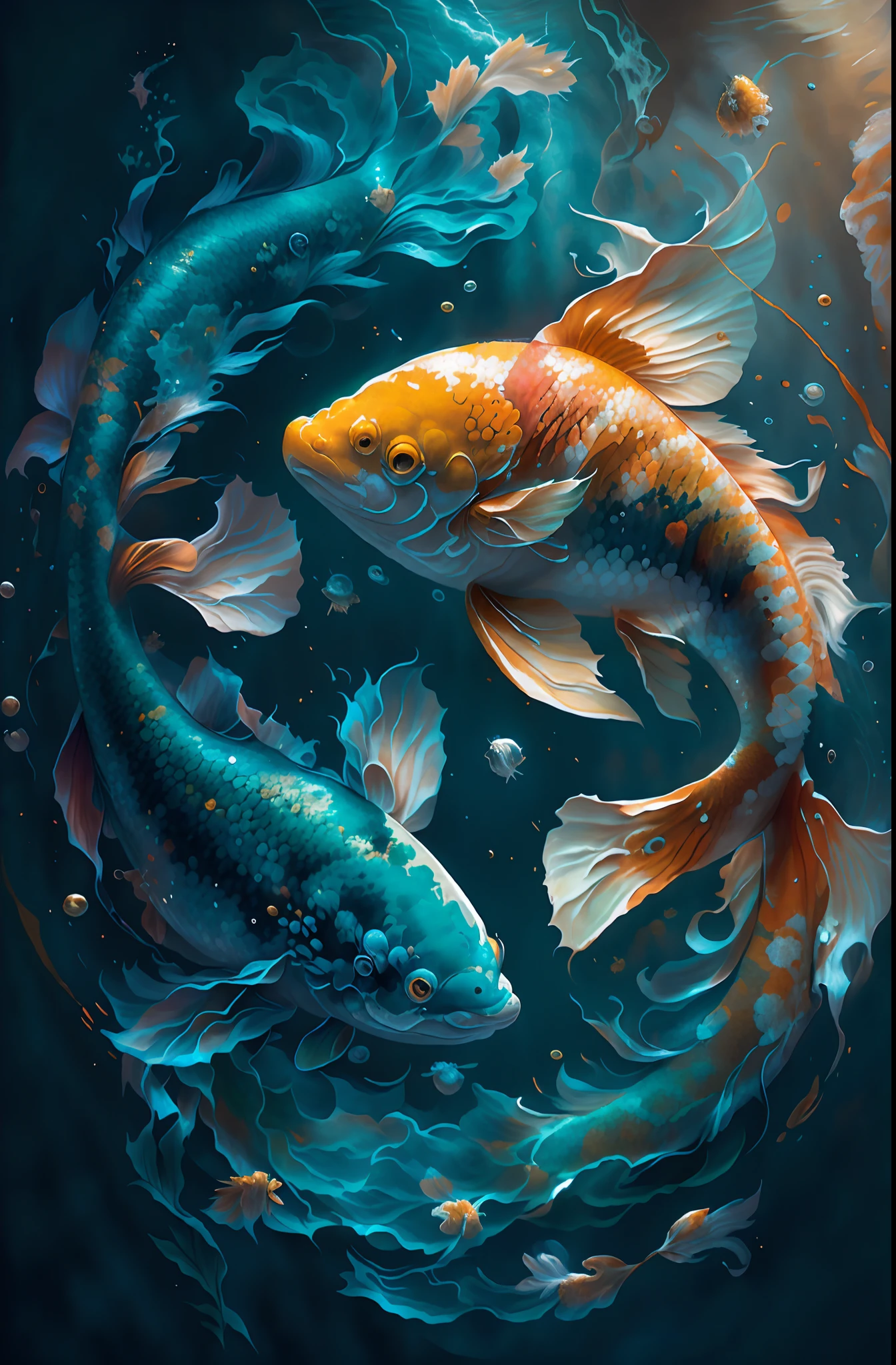 Masterpiece, Best quality, High quality, High definition, High quality texture, Highqualityshadow, High detail, finedetail, Extremely detailed CG, Detailed texture,, Colorful , Delicate, Cinematic light, Side light, Two fish swim in circles in bubbles and clouds, koi fish floating in space, The fish, Pisces, fishes swimming, golden fish in water exoskeleton, koi fishes, floating koi fish, koi fishes, Fish swimming, fish swimming around, you see fishes, Koi, koi colors, Beautiful digital artwork, the stars are fish in the depths，Carp in the starry sky，Koi，the detail，A detailed，Golden carp，starrysky，pisces