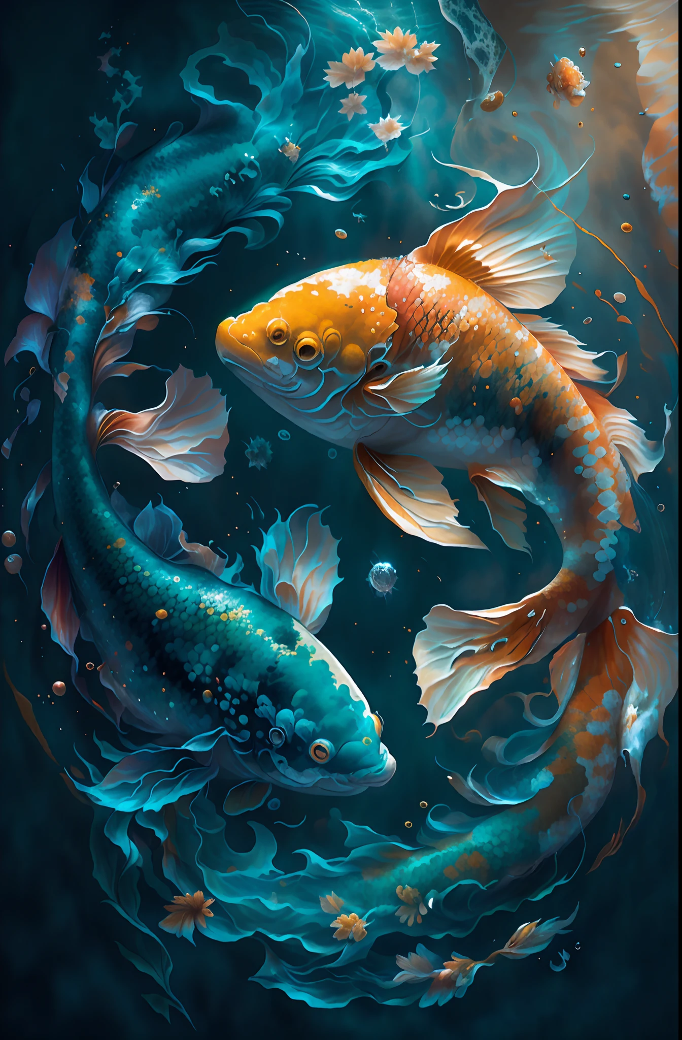 Masterpiece, Best quality, High quality, High definition, High quality texture, Highqualityshadow, High detail, finedetail, Extremely detailed CG, Detailed texture,, Colorful , Delicate, Cinematic light, Side light, Two fish swim in circles in bubbles and clouds, koi fish floating in space, The fish, Pisces, fishes swimming, golden fish in water exoskeleton, koi fishes, floating koi fish, koi fishes, Fish swimming, fish swimming around, you see fishes, Koi, koi colors, Beautiful digital artwork, the stars are fish in the depths,Carp in the starry sky,Koi,the detail,A detailed,Golden carp,starrysky,pisces