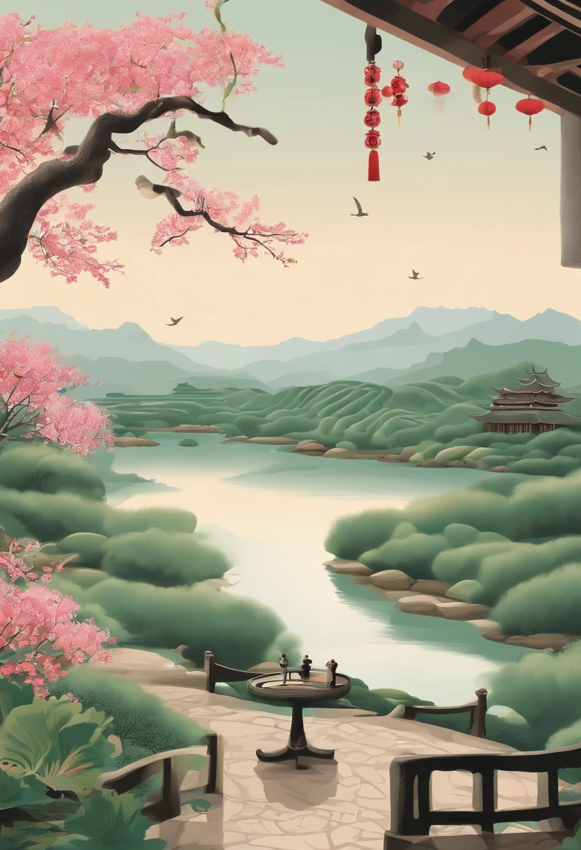 Modern Chinese poster in ceramics，Take ceramics as the poster outline，In the foreground is a lotus leaf，The middle view is someone taking advantage of the shade，A landscape painting in an oriental style，green and pink，Countryside landscape map，Vibrant illustrations，Summer illustration，soft and dreamy depictions，Flat poster art，Beautiful balance，Ultra-clear details - AR 3:4