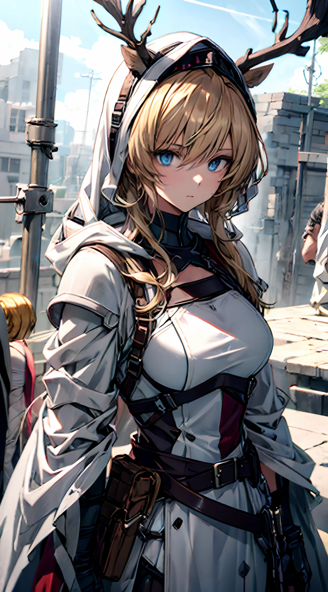 (Masterpiece), (Best quality), (1 girl), Girl in white armor, Cool pose, battleground background,  Messy hair, Broken armor, Ragged clothes