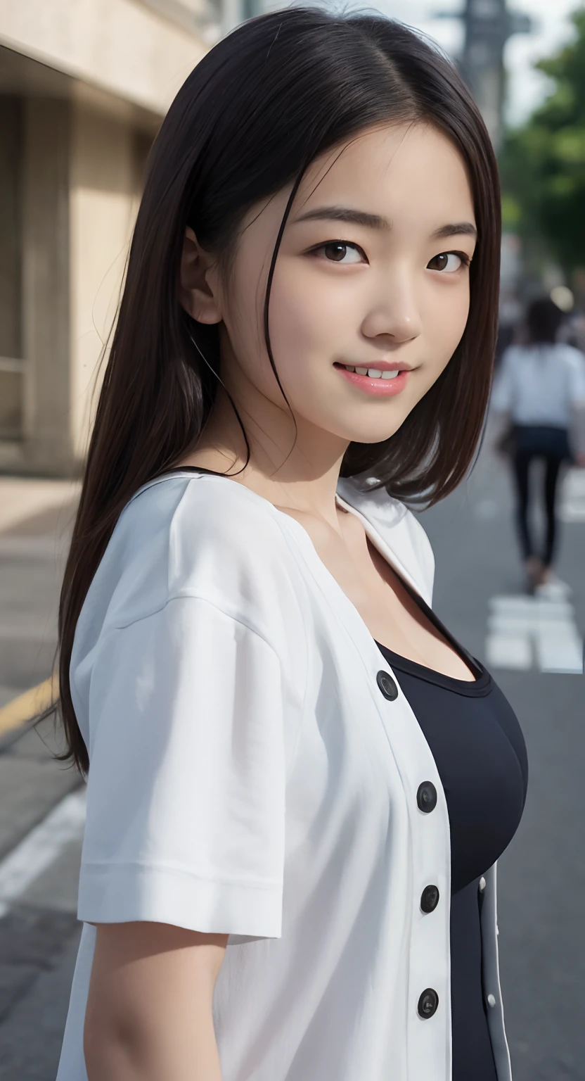 (top-quality、​masterpiece:1.2)、Best Quality、realisitic、photoshot、hight resolution、1080p、8K、Textured skin、Physical Rendering、1 Japan Girls、a junior high school student、kawaii、Young Face、Rolled hair、(Onepiece:1.5)、Street、up of face、full of shyness、smil、Colossal tits
