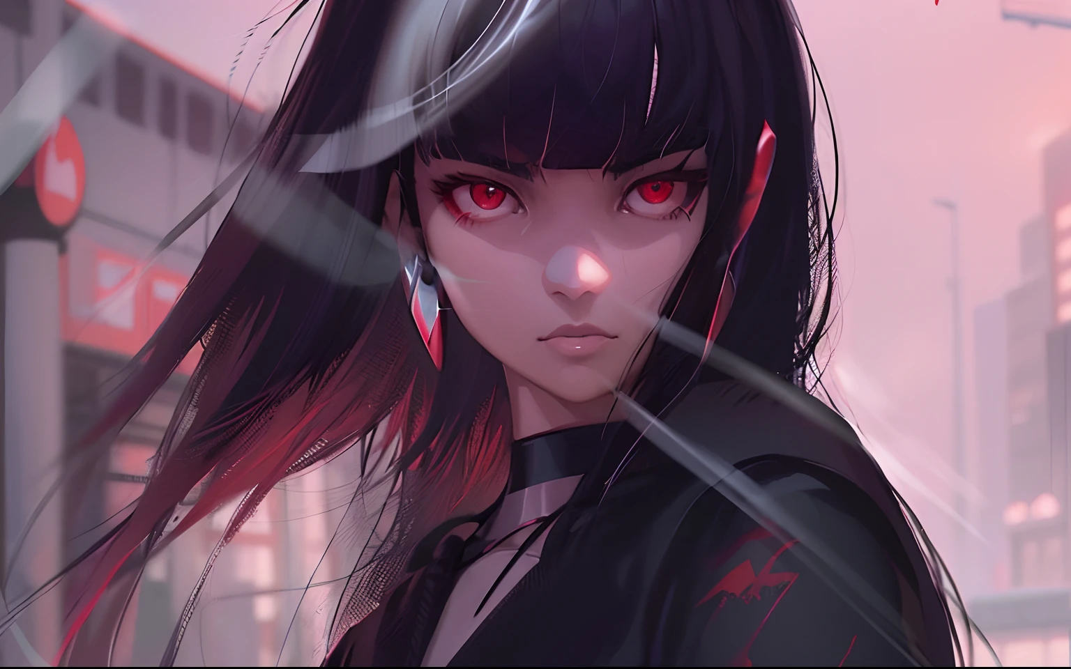 Anime girl with red eyes and black hair in the city, Guviz-style artwork, Kuvshinov Ilya, Ilya Kuvshinov style, Rosla 1. 0, Kuvshinov, rossdraws 2. 0, rossdraws portrait, alena aenami and artgerm, :: rossdraws, Digital anime illustration