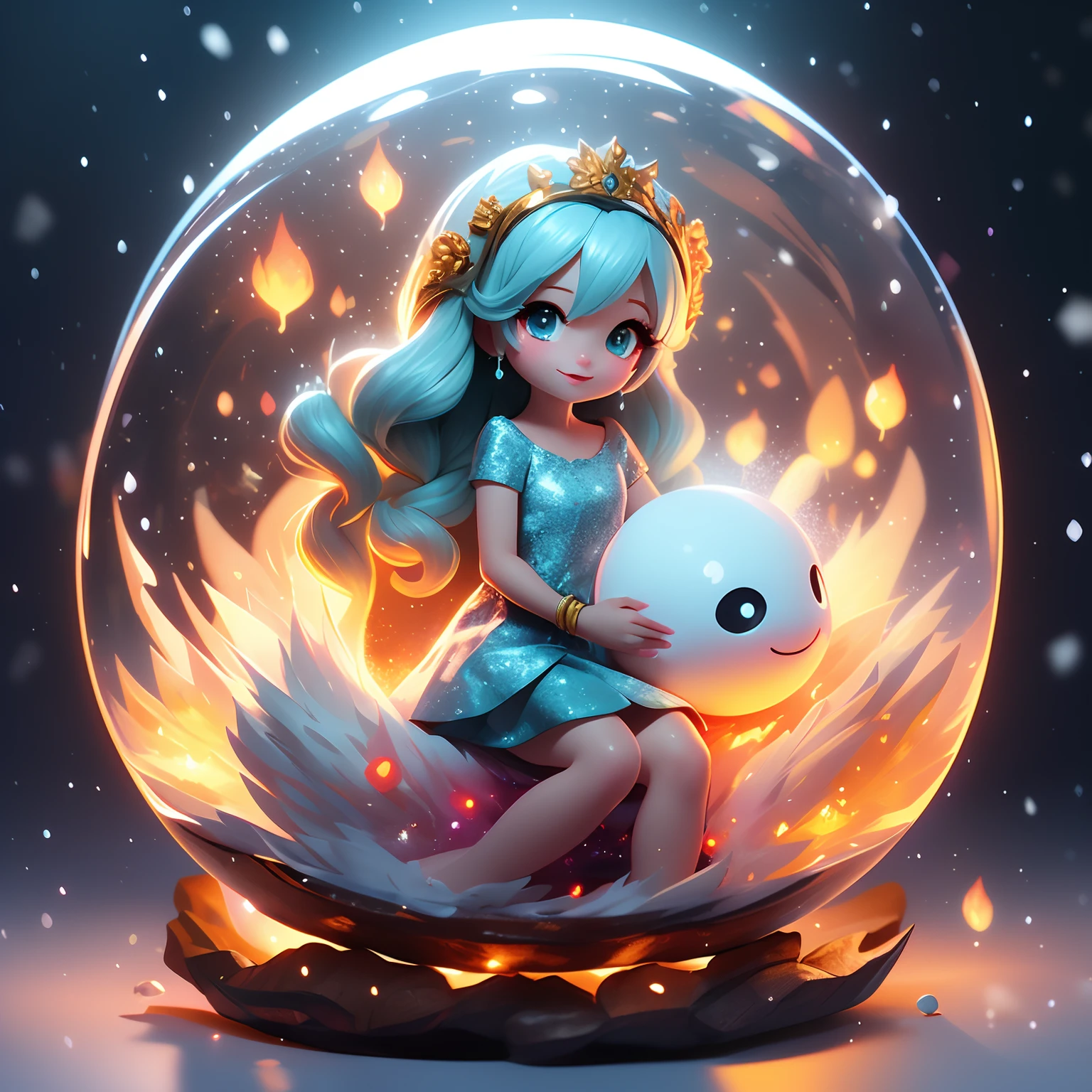 Digital Art,photoRealstic、 prety woman(nendroid)Located on a snow globe 、Rays around the woman(Fire Spirit, Water Spirit, Earth Spirit), bio luminescent、