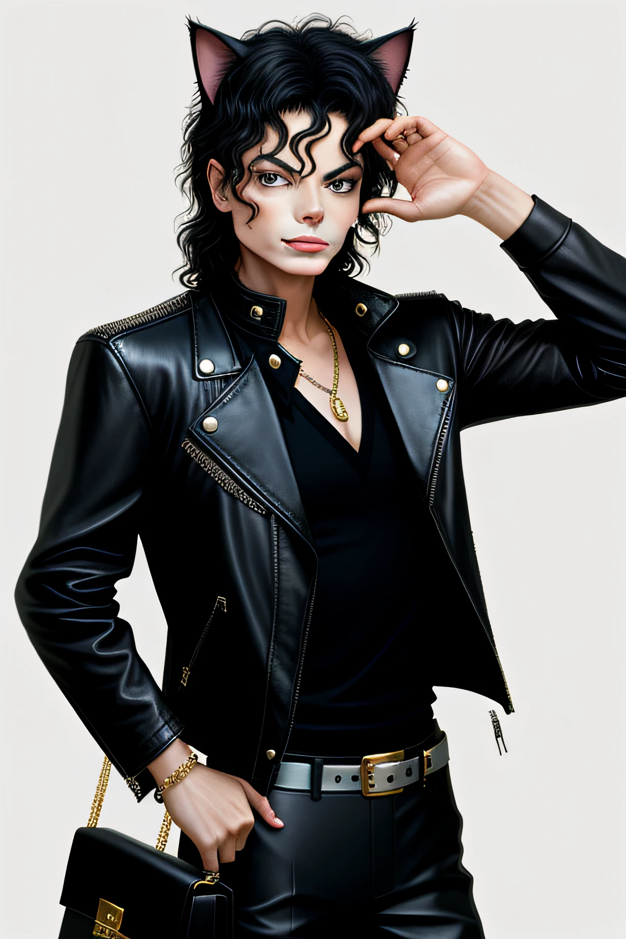 michael jackson in cat ears, leather jacket, no glasses, neverland, purse