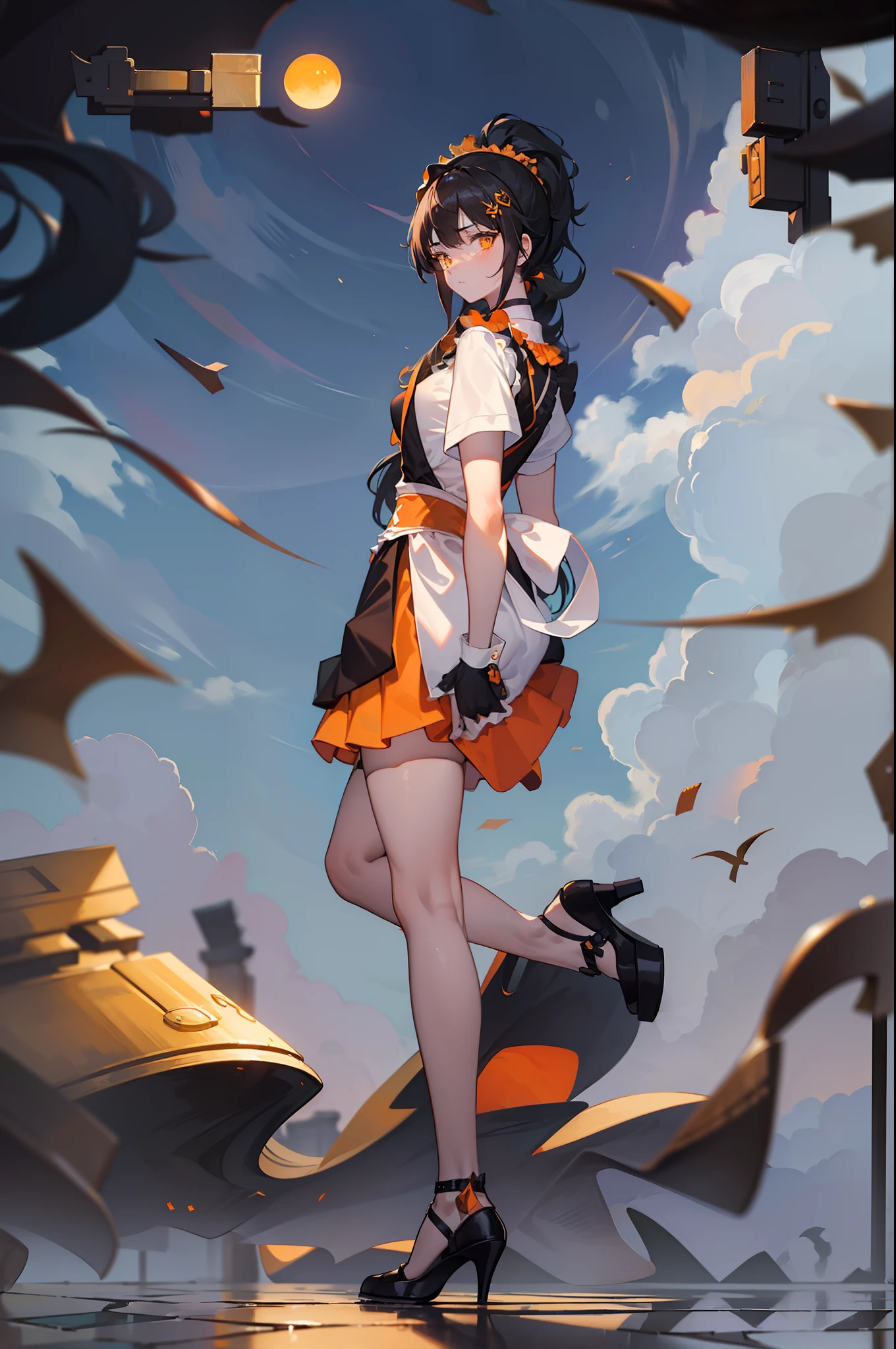 (masterpiece),(bestquality),highlydetailed,ultra-detailed,cold,solo,(1girl),detailedeyes,shinegoldeneyes),(longliverhair),(shortdress),expressionless,heels,(whiteapron),(maidheadband),(polishedfloors),(elegantpose),(cleanandneat),(well-groomed),beautifullacegloves,highlydetailed, ultra-detailed, black hair, (ponytail : 1.2), long hair, (orange hair accessory : 0.7), amber eyes, (beautiful girl), bangs, princess hairstyle