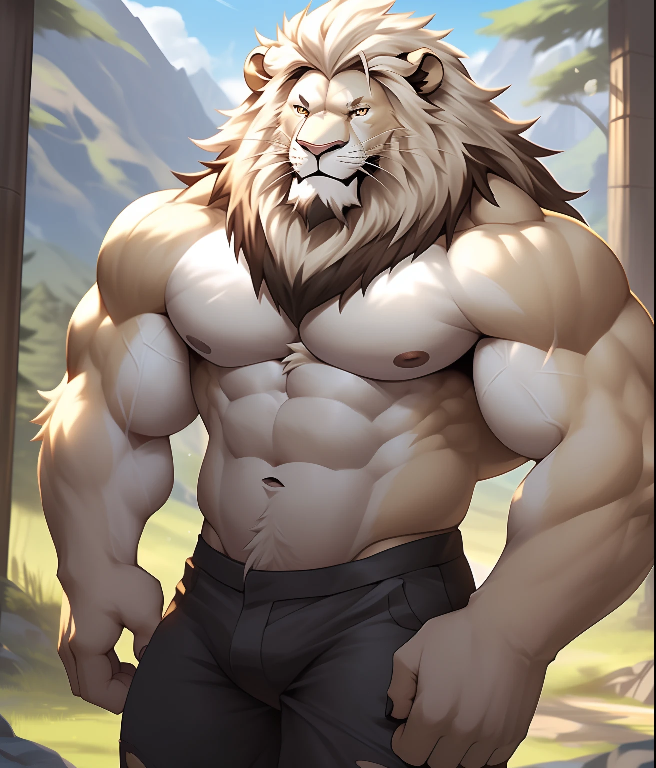 nj5furry, (albino lion, massive, huge), albino lion, ((extremely realistic shadows, masterpiece, extremely detailed, photorealistic)), kemono, lion, blue eyes, ((detailed eyes)) luminescence in his eyes, white fur, white skin, white hair, white manewearing a loincloth revealing huge muscular thighs, mountain forest, Height 185 cm, the optimal height, tight clothing, body full of muscles; bulge pecs, ripped abs, V-shaped body, thick waist, long legs, strong arms manly, handsome face, attractive cool calm face type with a cold smile, topless.