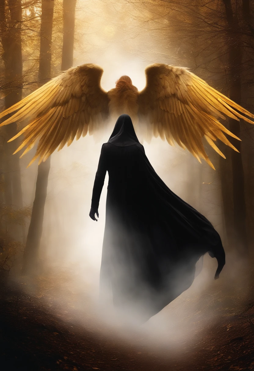 Lucifer's Black Wings and Robe Battle with the Angel Michael White Wings and White Robe in the Foggy Dark Forest, They flew with golden swords，Big wings flew towards each other.