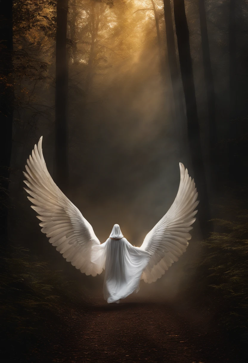 Lucifer's Black Wings and Robe Battle with the Angel Michael White Wings and White Robe in the Foggy Dark Forest, They flew with golden swords，Big wings flew towards each other.