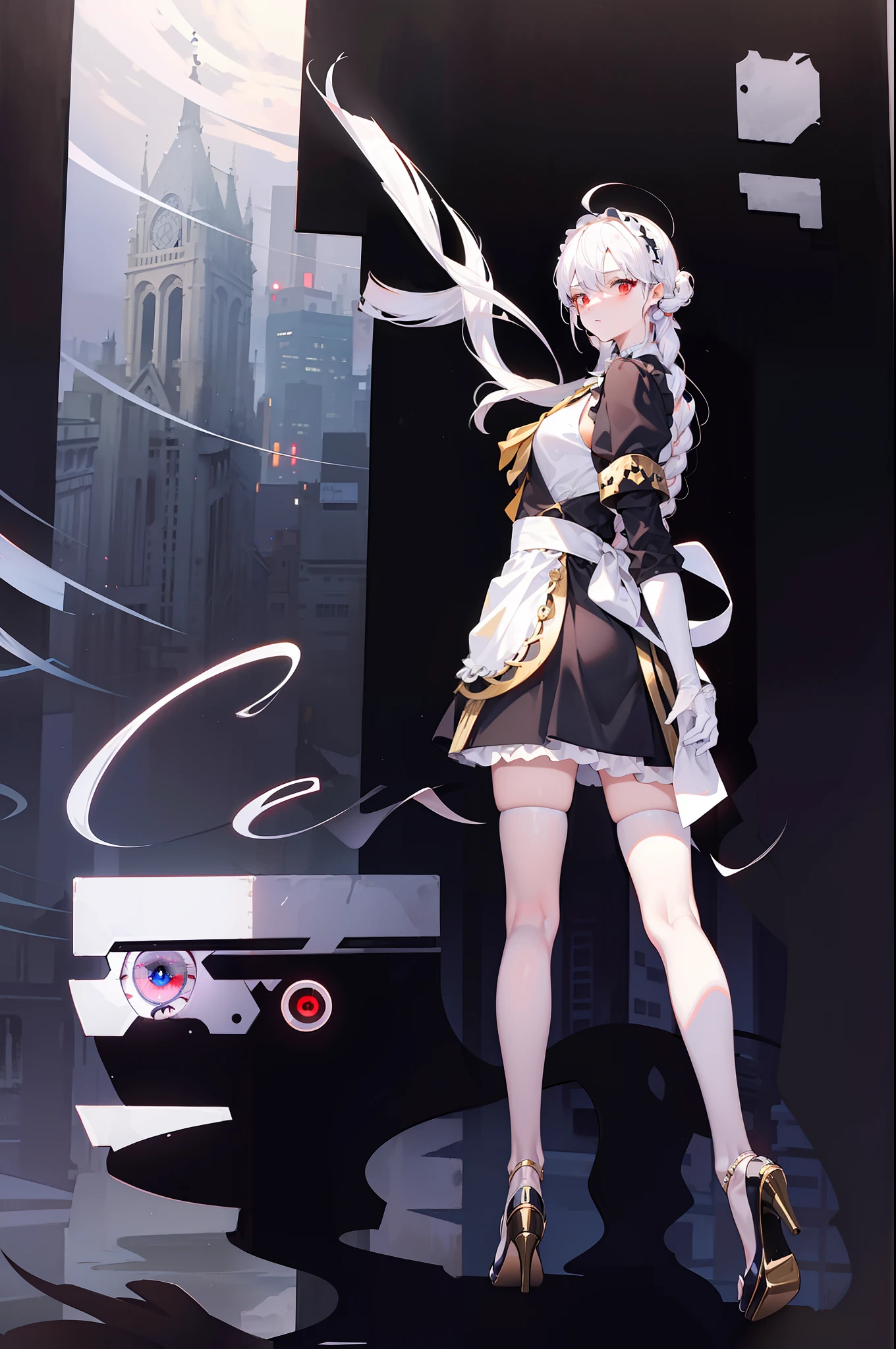 (masterpiece),(bestquality),highlydetailed,ultra-detailed,cold,solo,(1girl),detailedeyes,shinegoldeneyes),(longliverhair),(shortdress),expressionless,heels,(whiteapron),(maidheadband),(polishedfloors),(elegantpose),(cleanandneat),(well-groomed),beautifullacegloves,1girl,bishoujo,stare,red eyes,beautiful detailed eyes,long hair,white hair,silver_hair,Wing-like bangs,ahoge,Hair rings,braid, cold
