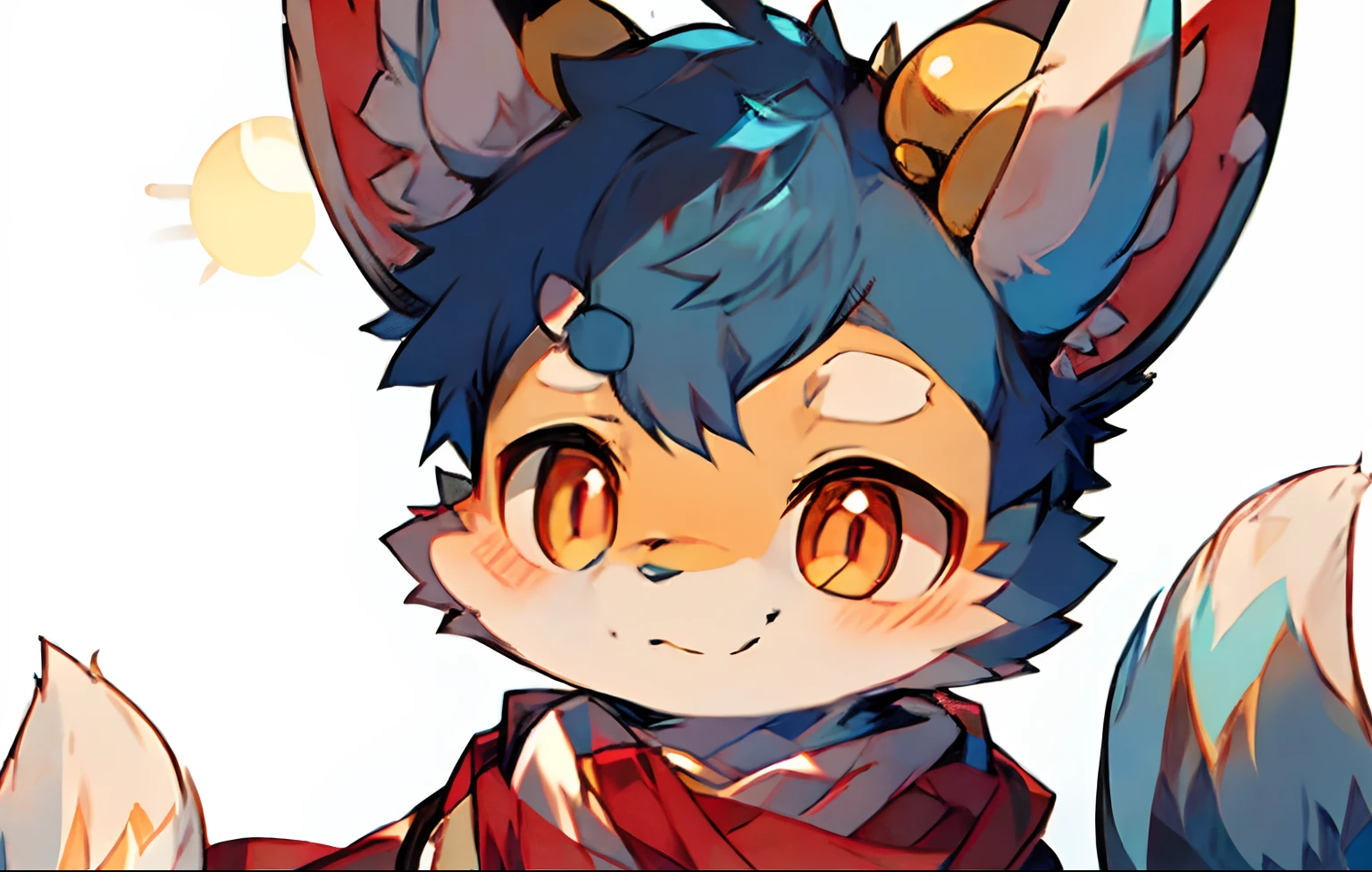 White fur，Princess Snow White，Cat ears，fox tails，Red pupils，Little bell，Sweet smile，sun shining，Cute Boy，Baby-like face, Blue hair, Komono, I have a scarf on my neck, There are various expressions.,