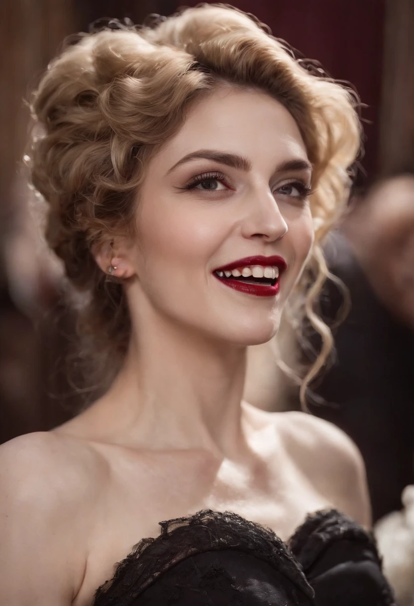 /imagine prompt: Vampire Madonna singer, retro photo, realistic photo, 8k, realistic photo, Vampire Madonna, front look, open mouth, sharp teeth, vampire teeth, sharp teeth, front photo, smiling,