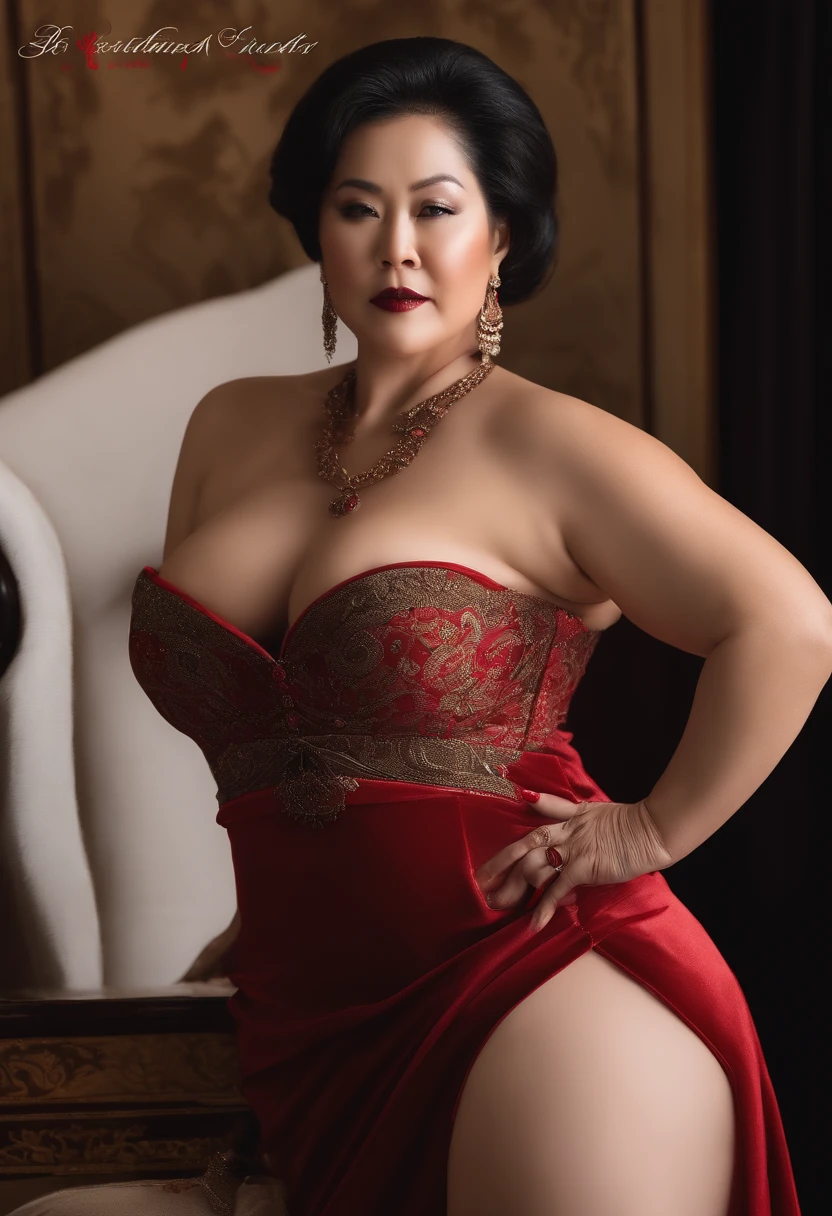 Noblewoman over 55, Plump figure,Homem-Imponente, Wrinkles, Intimidating woman, Palatial woman, beautiful thick female, Thick legs, Noble, domination, sexy dominant pose, Asian ancestry, Dominatrix, BDSM