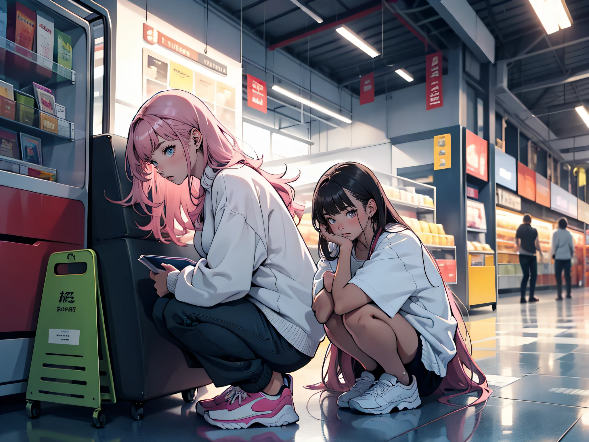 A woman,Twenty years old,Pink Long Hair,White color blouse,scared expression,squatting on the ground,in mall,talking on phone,Upper body display