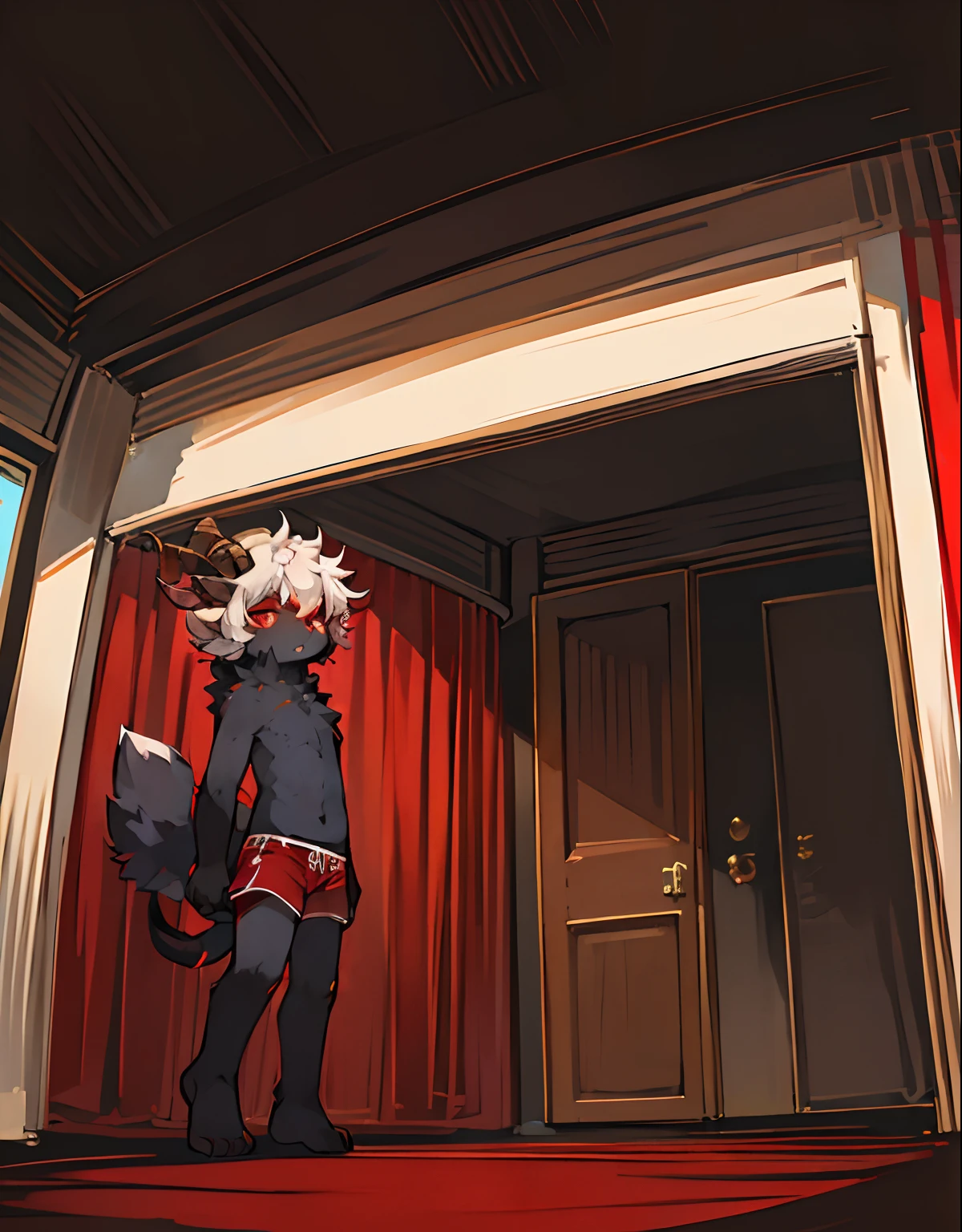 (ambiente dark:0.8),Masterpiece,High quality,abstract res,Digital painting\(artwork of a\), by Dagasi, Yupa,Kiyosan,(anthro,Fluffy fur,Character focus:1.1),Human rams,Short hair,Portrait , eyes with brightness, in a panoramic view, Character focus.(detailedbackground:0.7), 独奏, shaggy, shaggy male, malefocus, anthr,(Full Body Furry, sheep tail, Black fur, red color eyes，goat horn:1.2), (pecora、succubi、swim trunks：1.2），（interiors、the night、borgar：1.1）
