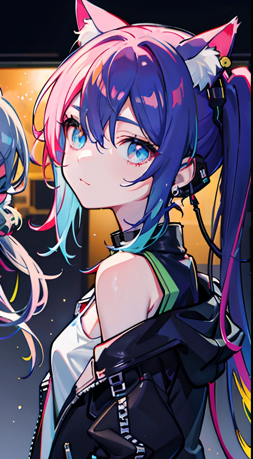 Masterpiece, best quality, colorful, a ager with colorful pigtails wearing a detailed leather jacket and anime tee-shirt touching a translucent panel, in a dark void filled with small intense light particles, jacket off a shoulder, floating screens in front, dramatic viewing angle, dynamic pose, (face focus close up:1.2), detailed headphones earings cat with neon ears, contrast, colorful hair, colors combination, bright, red hair, blue hair
All in view
Depth of field, high resolution, extreme intricate details, dramatic shadows, global illumination
