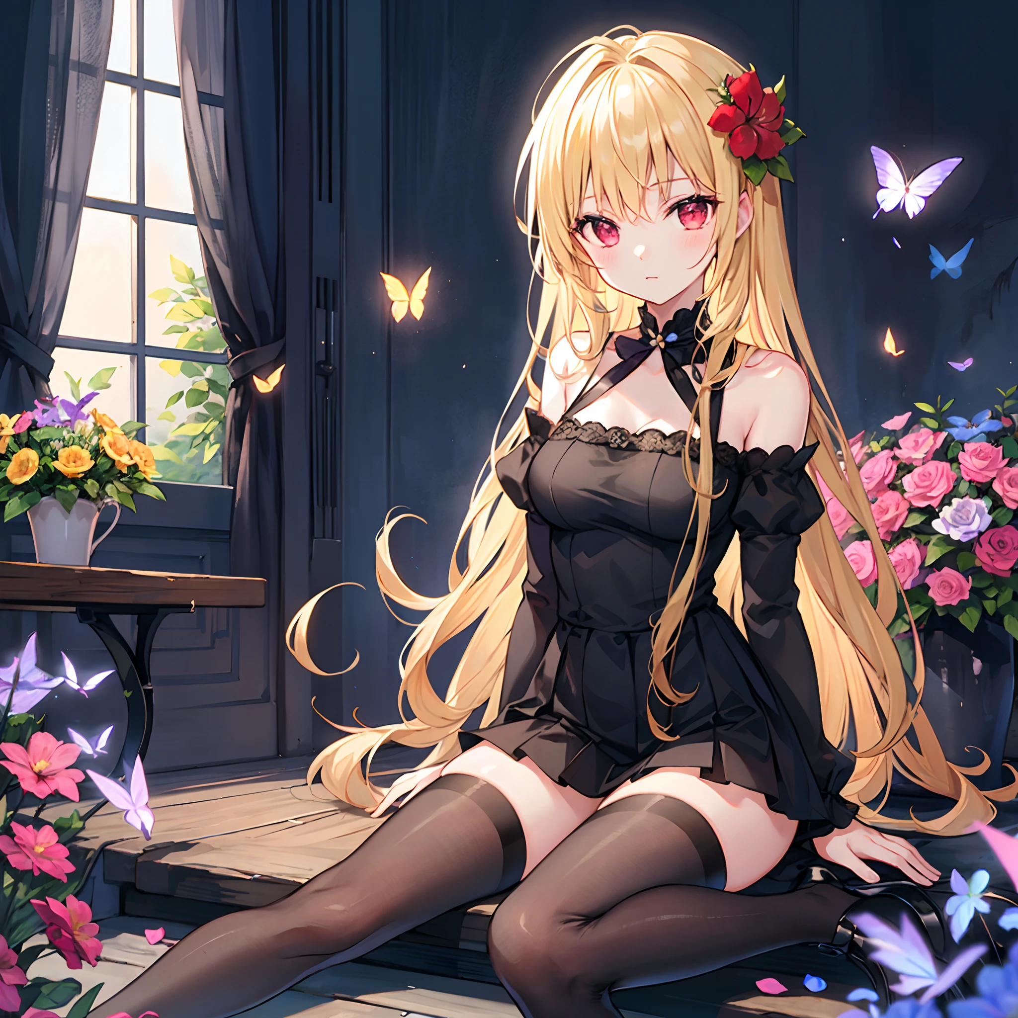 Wavy blonde、red eyes、Beautiful girl alone、Black fluffy dress、off shoulders、a miniskirt、Black tights、flower field、butterflys々、sitting on、sunlights、suns
