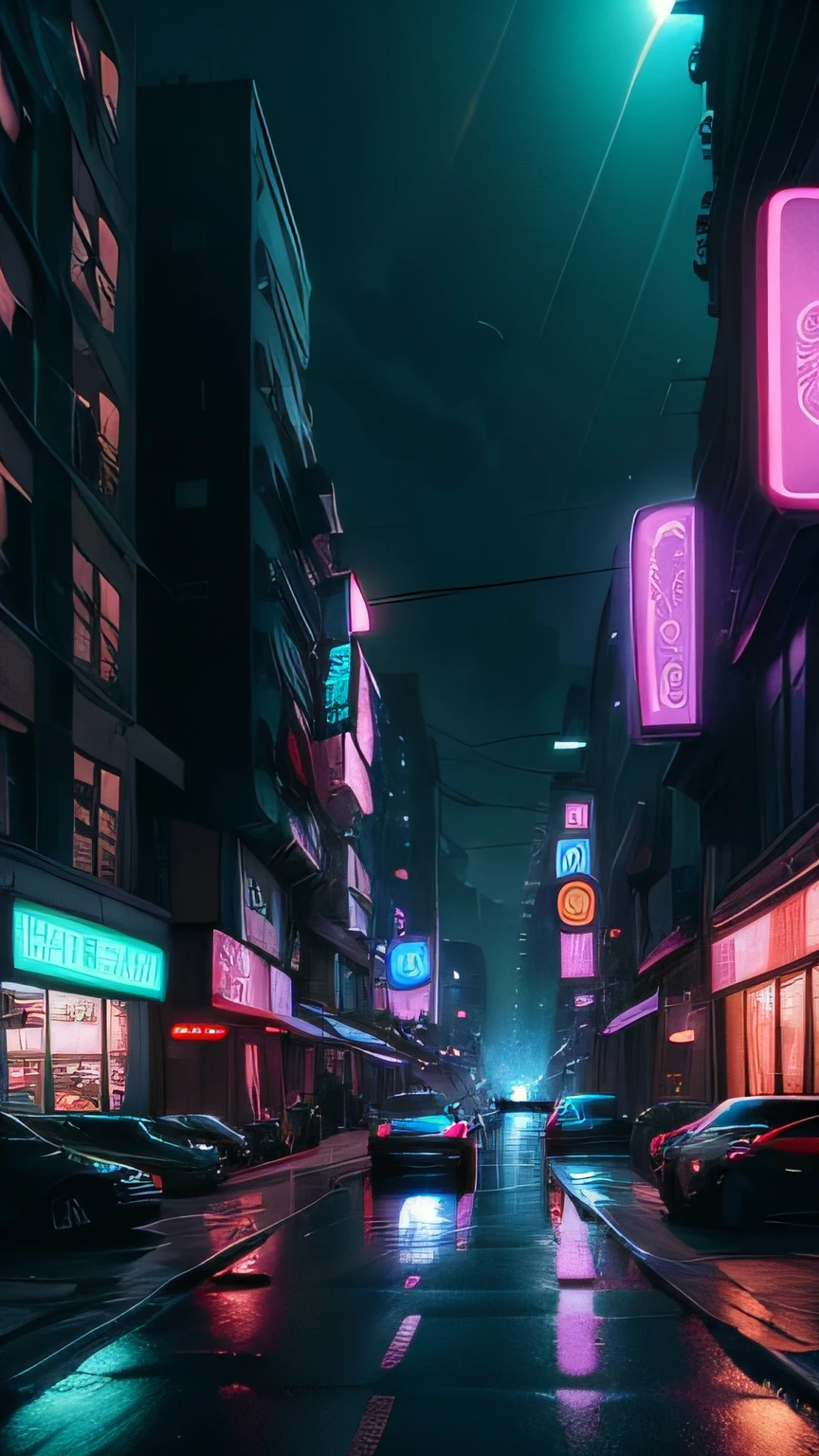 cyber punk style landscape, night street with cars and shop,