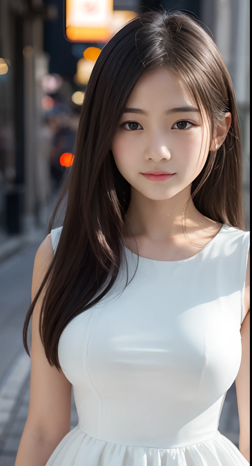 (top-quality、masterpiece:1.2)、Best Quality、realisitic、photoshot、hight resolution、1080p、8K、Textured skin、Physical Rendering、1 Japan Girls、a 、kawaii、Young Face、Rolled hair、(White dress:1.5)、Street、Night、up of face、full of shyness、smil、Colossal tits