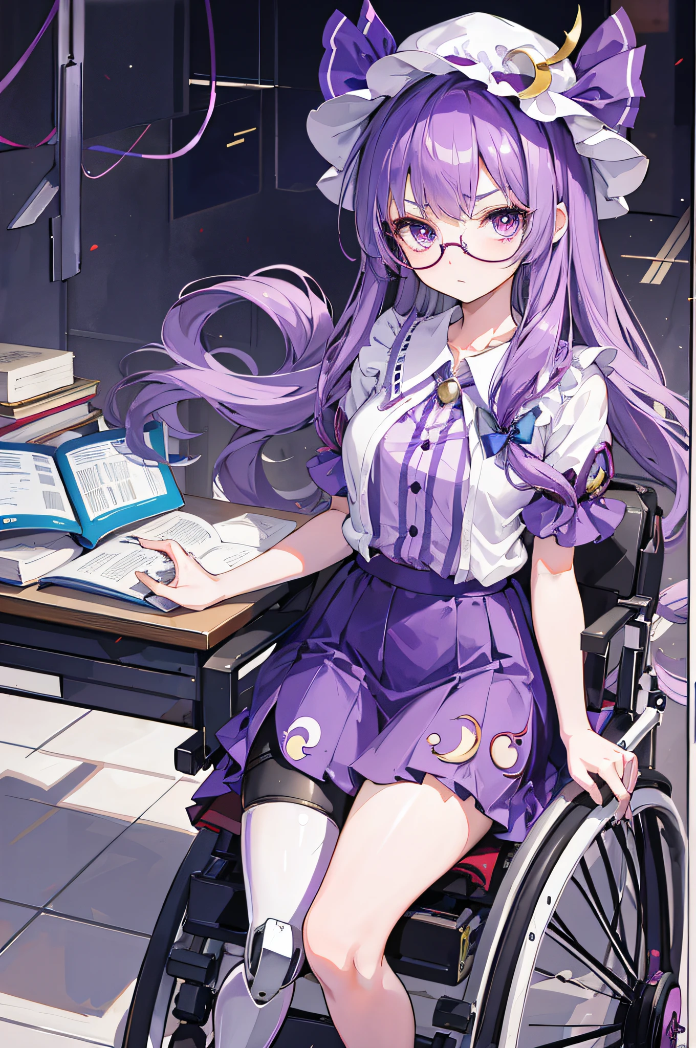 (1girll),Anime girl in library with a book and a hat, touhou character, from touhou, gothic maiden anime girl, Touhou, touhou project, Anime moe art style,in wheelchair,((Left leg prosthesis)),round frame glasses,Gorgeous Hair in Long Purple,Purple pupils,patchouli knowledge,Patchouli,((Left leg prosthesis)),Girls' high school students,JK,solo person,Purple colored hair,wheelchair,(((serious-expression)))