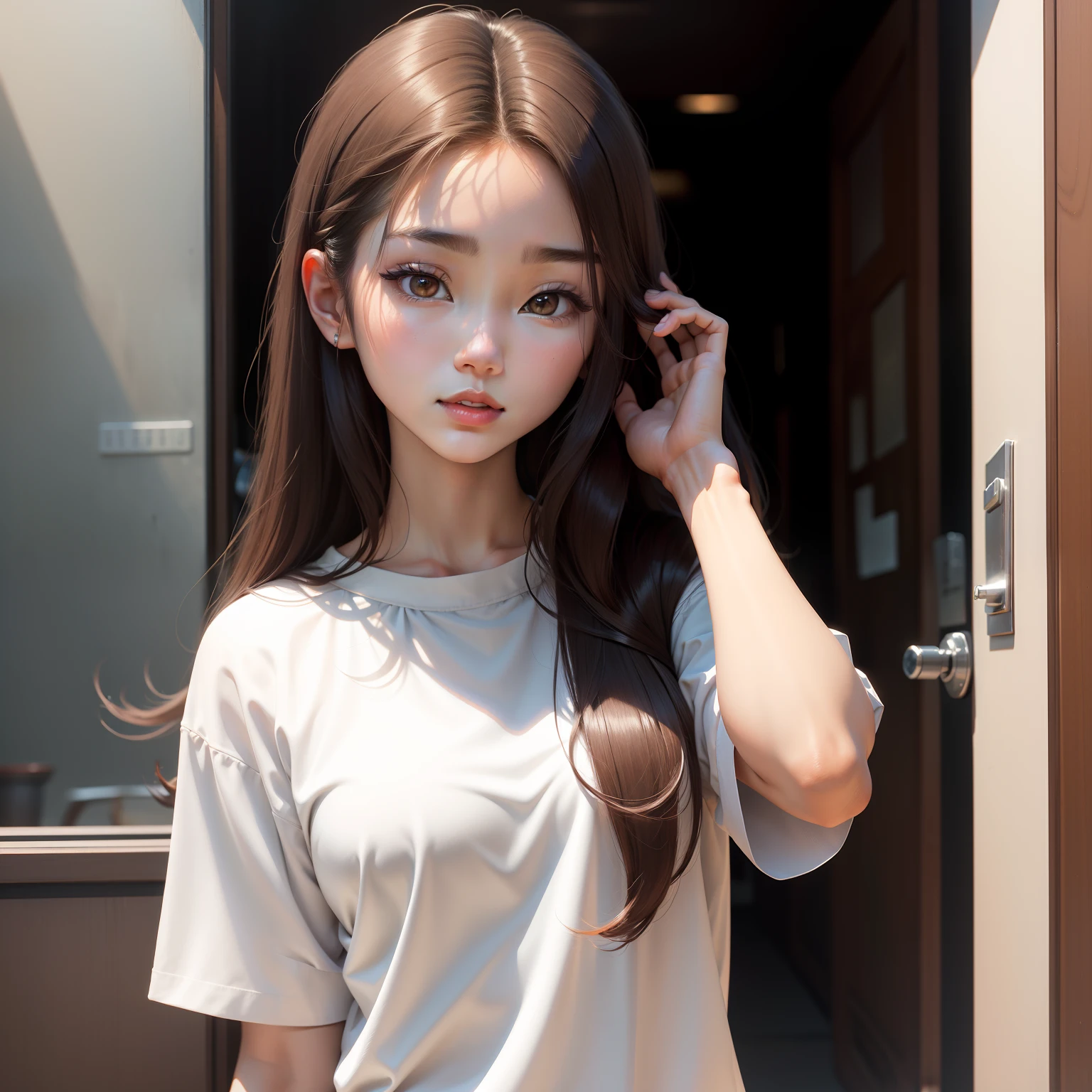Asian woman with long brown hair and white shirt, beautiful young korean woman,with fair skin,Expose the top of your head, Beautiful Korean young woman, Beautiful Korean woman, Beautiful asian woman, Beautiful young Asian woman, Beautiful Asian girl, Asian girl with long hair, asian beautiful face, Young Asian woman, Korean girl, Korean woman, A young Asian woman, Young and cute Korean face
