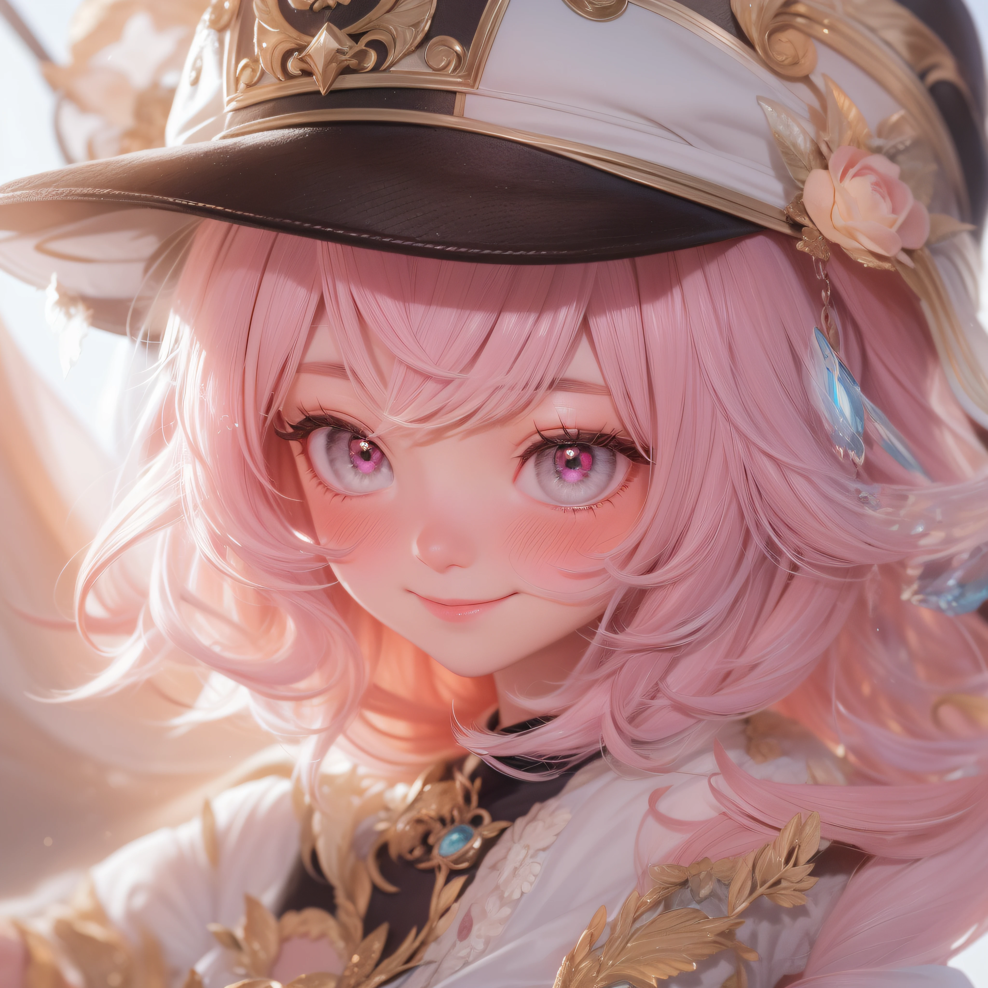Close up of a smile with the corners of the mouth raised、Hat Costume、Cosplay、(realisitic、hight resolution)、(1 girl in)、Do-Up Eye、Korean Girl、(Best Quality), (masutepiece), (1girl in), Solo, a beauty girl, Perfect face, dreamlikeart、Highly detailed airbrush art((Surreal))、Volumetric lighting、(top-quality)、The ultra-detailliert、(The composition of the movement:1.4)、Highly detailed colorful details、(Bright lighting)、dynamic compositions、Ray traching、The mirror reflects light、Shallow depth of field、ultra-detailliert、mixing exposure、nffsw、Her eyes are glowing pink、Staring at Pink。Her pink face is full of anticipation and courage、A smile appears on the lips。 At the rear、The sun is slowly tilting to the west。Its light brings light、Producing a beautiful scene that shakes。Her eyes are clearly glowing pink。Lots of pink