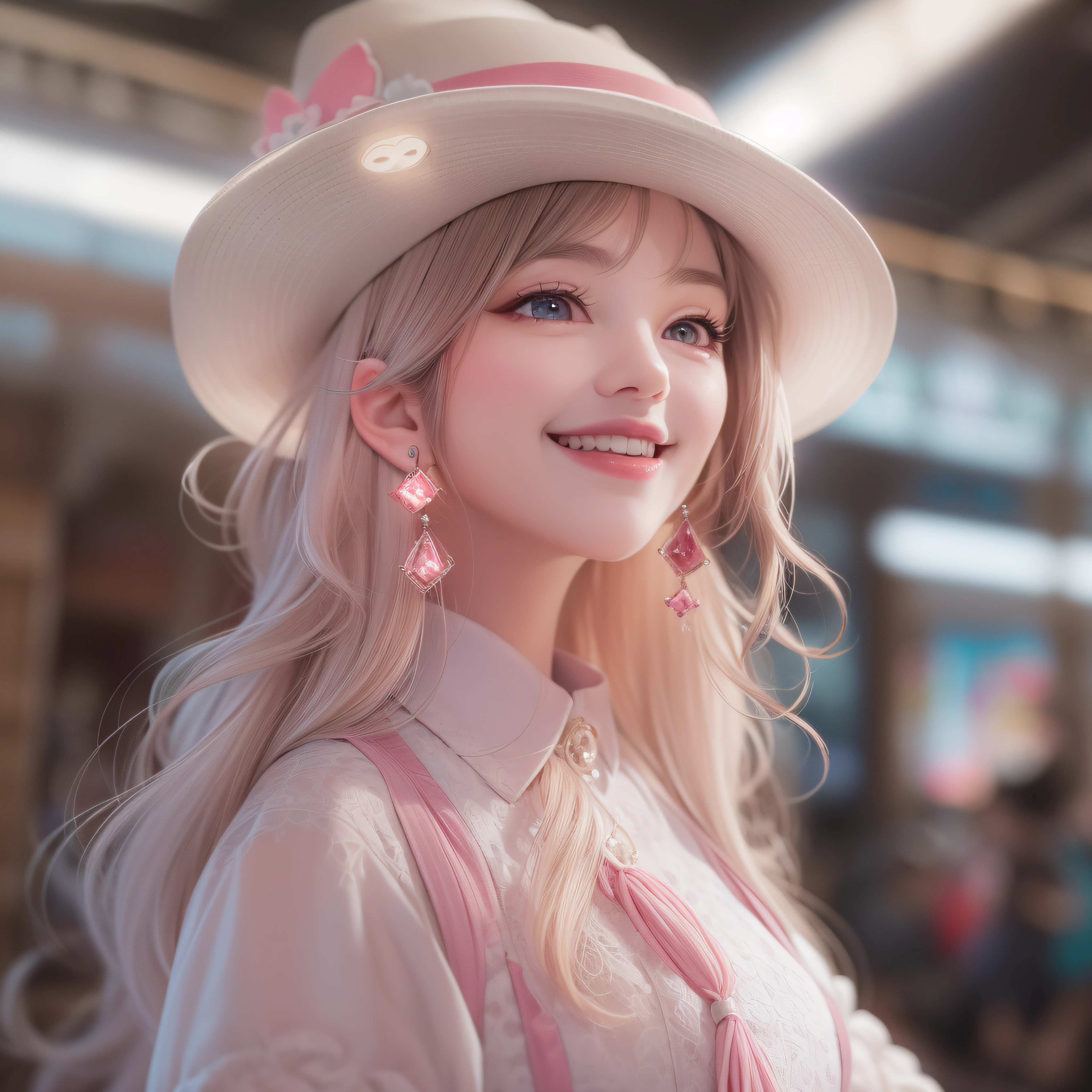 Close up of a smile with the corners of the mouth raised、Hat Costume、Cosplay、(realisitic、hight resolution)、(1 girl in)、Do-Up Eye、Korean Girl、(Best Quality), (masutepiece), (1girl in), Solo, a beauty girl, Perfect face, dreamlikeart、Highly detailed airbrush art((Surreal))、Volumetric lighting、(top-quality)、The ultra-detailliert、(The composition of the movement:1.4)、Highly detailed colorful details、(Bright lighting)、dynamic compositions、Ray traching、The mirror reflects light、Shallow depth of field、ultra-detailliert、mixing exposure、nffsw、Her eyes are glowing pink、Staring at Pink。Her pink face is full of anticipation and courage、A smile appears on the lips。 At the rear、The sun is slowly tilting to the west。Its light brings light、Producing a beautiful scene that shakes。Her eyes are clearly glowing pink。Lots of pink